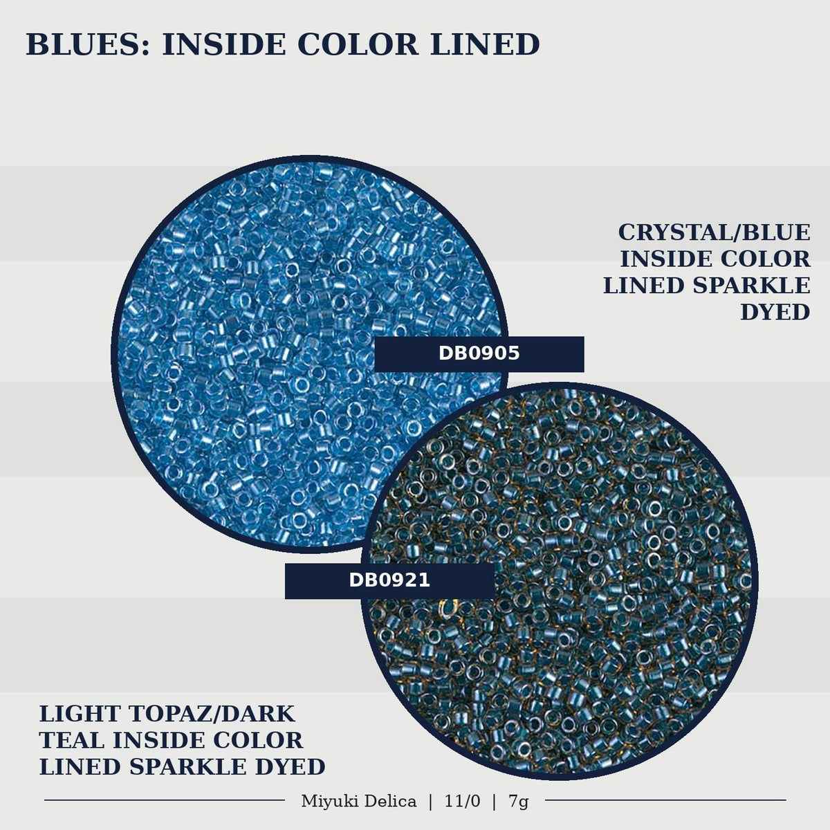 The image is a collage of two images, each depicting a different type of bead color. The first image shows a light teal inside color lined sparkle dyed bead, and the second image shows a darker teal inside color lined sparkle dyed bead.