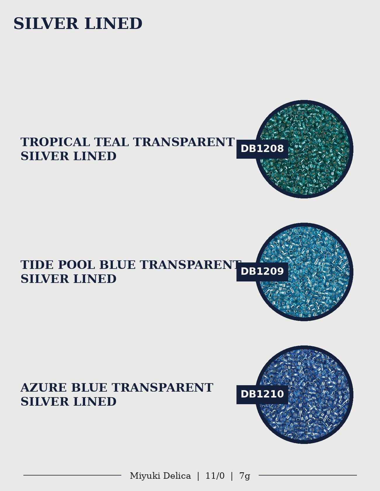 three circular images, each displaying a different color of silver-lined material: tropical teal, tide pool blue, and azure blue.