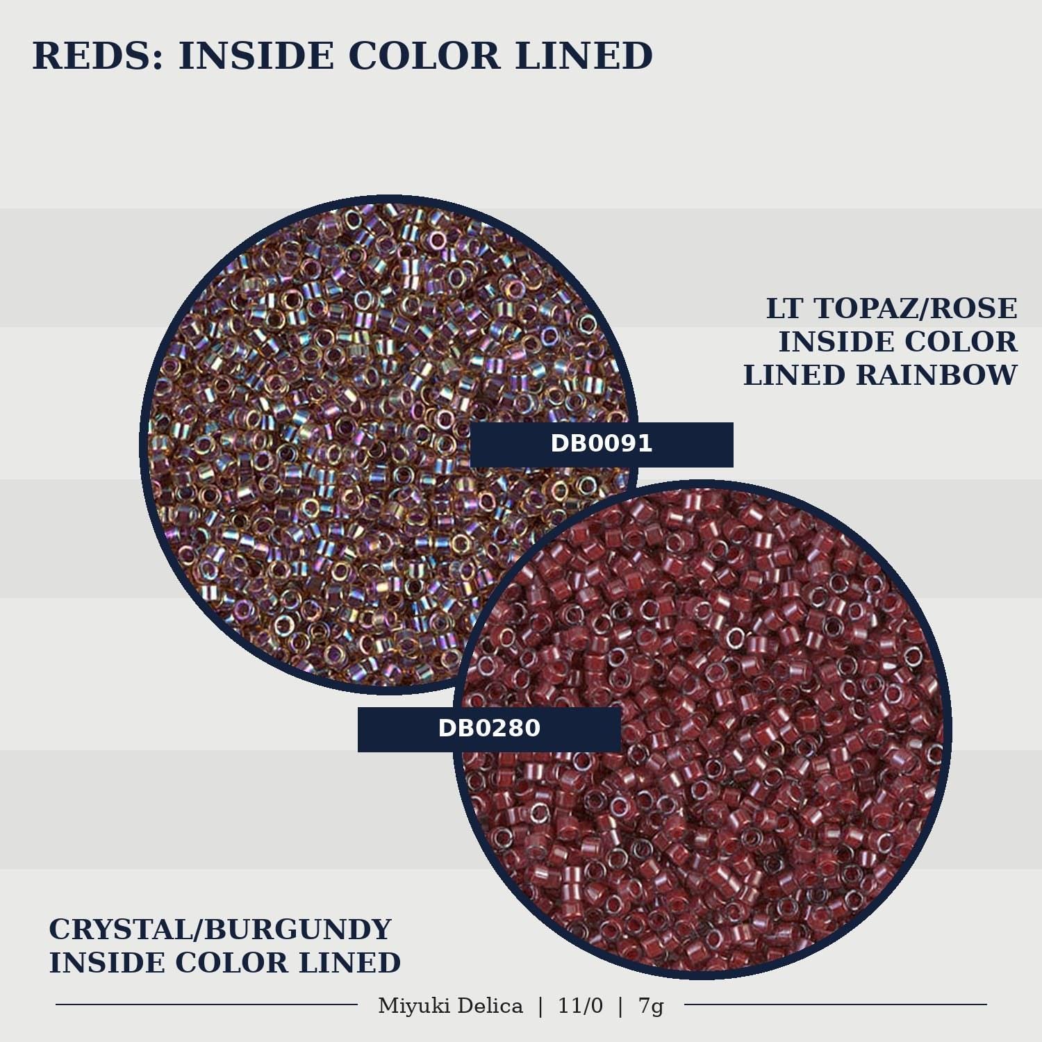 two circular images of beads, one with a red color and the other with a brown color. The text above the images indicates that they are "REDS: INSIDE COLOR LINED" and that the beads are "CRYSTAL/BURGundy INSIDE COLOR LINED". The image also includes the text "D8001" and "D80080", which are likely to be the names or identifiers of the beads.