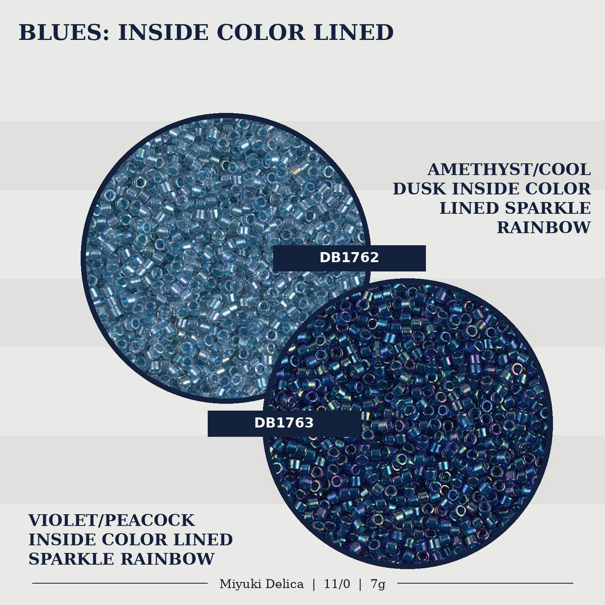 two different types of beads, one with a cool blue color and the other with a sparkly rainbow color. The beads are labeled with their names and sizes, indicating that they are inside color-lined beads.