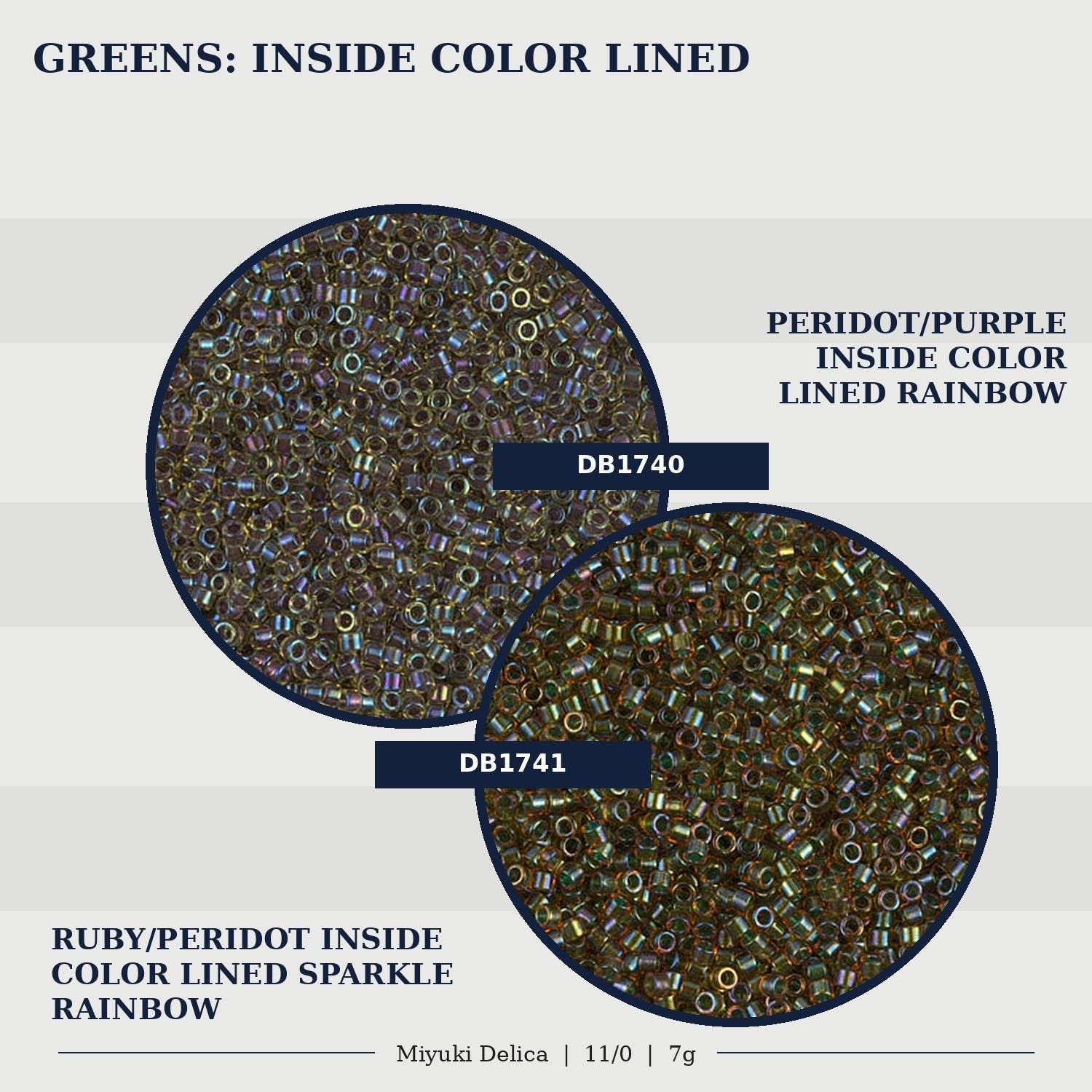 two different colored beads, one with a purple inside color and the other with a green inside color, both of which are lined in a rainbow pattern.