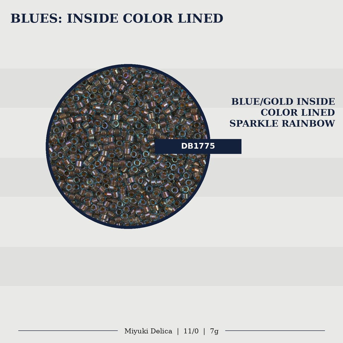 a collection of beads in various colors, including blue, gold, and sparkle rainbow, arranged in a circular pattern.