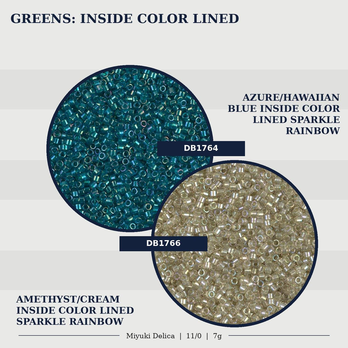 two circular images, each containing a different colored bead. The first image shows a blue bead, and the second image shows a gold bead. The text above the images reads "GREENS: INSIDE COLOR LINED" and below the images, it says "AZURE/HAWAIIAN BLUE INSIDE COLOR LINED SPARKLE RAINBOW" and "AMETHIN/CREAM AMETHIN/CREAM INSIDE COLOR LINED SPARKLE RAINBOW".