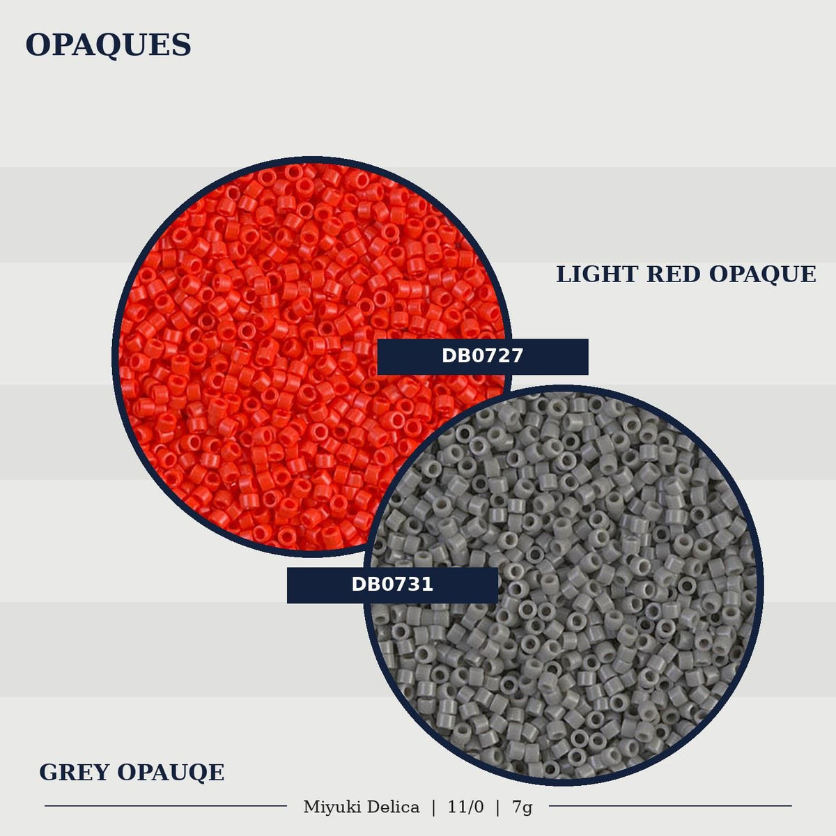 two circles of different colored beads, one red and one grey, with text labels indicating the color and size of the beads.