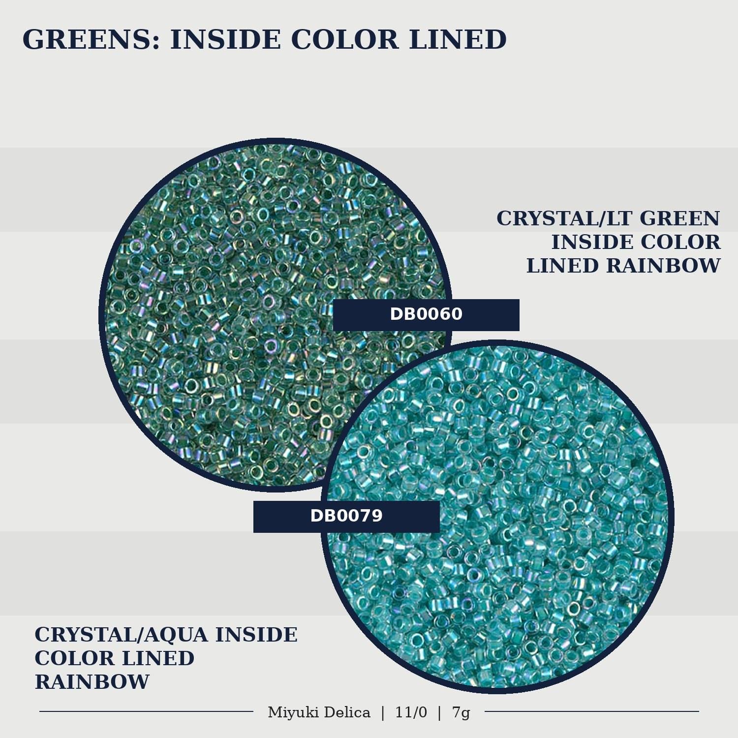 two circular images of green beads, one labeled "CRYSTAL/AQUA INSIDE COLOR LINED RAINBOW" and the other labeled "CRYSTAL/AQUA INSIDE COLOR LINED RAINBOW".