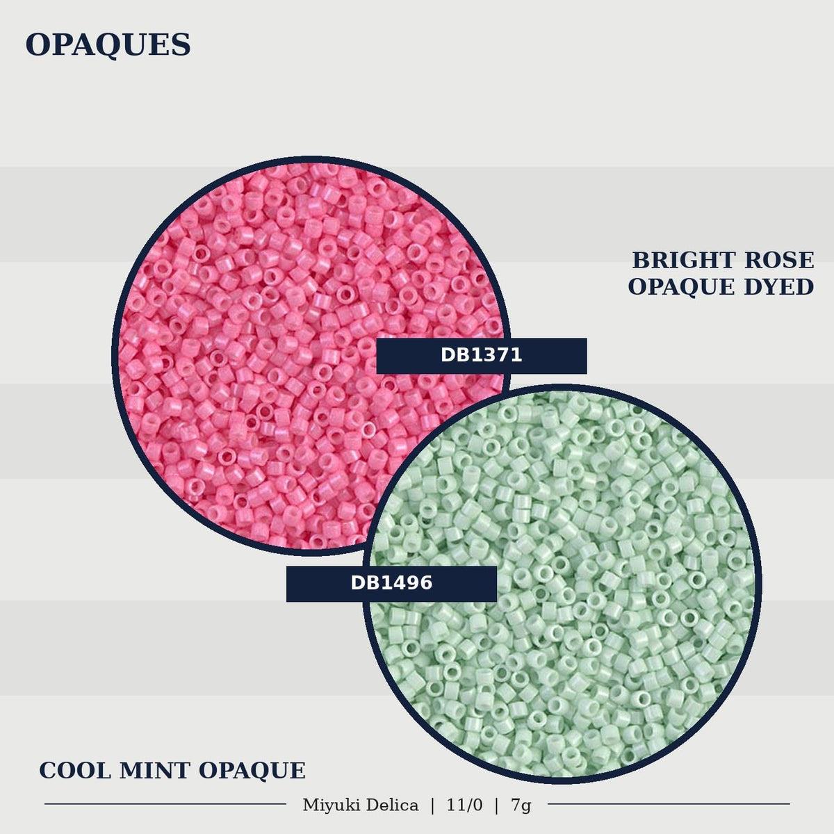 two different colored beads, one pink and one green, arranged in a circular pattern.