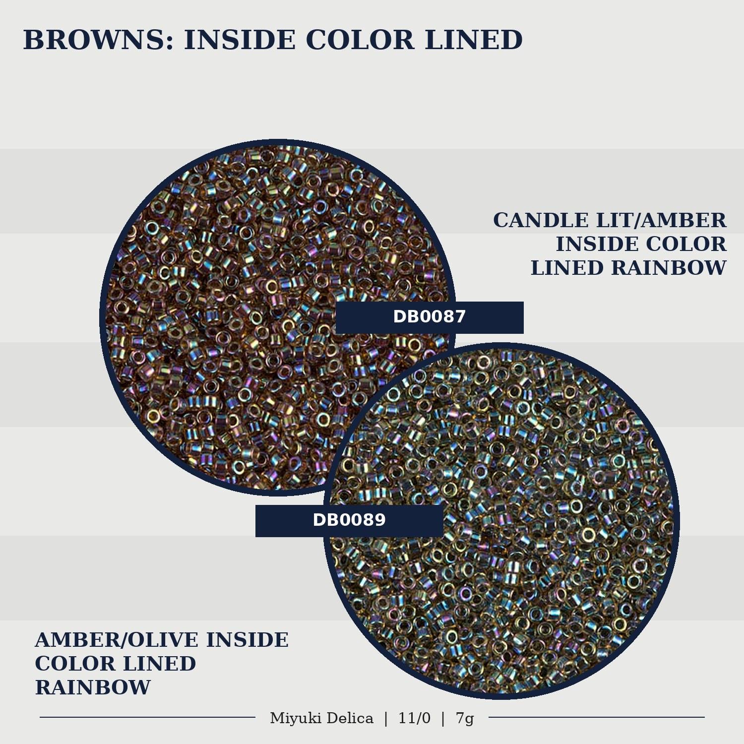 two different colored beads, one brown and one amber, arranged in a circular pattern. The brown beads are labeled as "Browns: Inside Color Lined Rainbow" and the amber beads are labeled as "Amber/olive Inside Color Lined Rainbow".