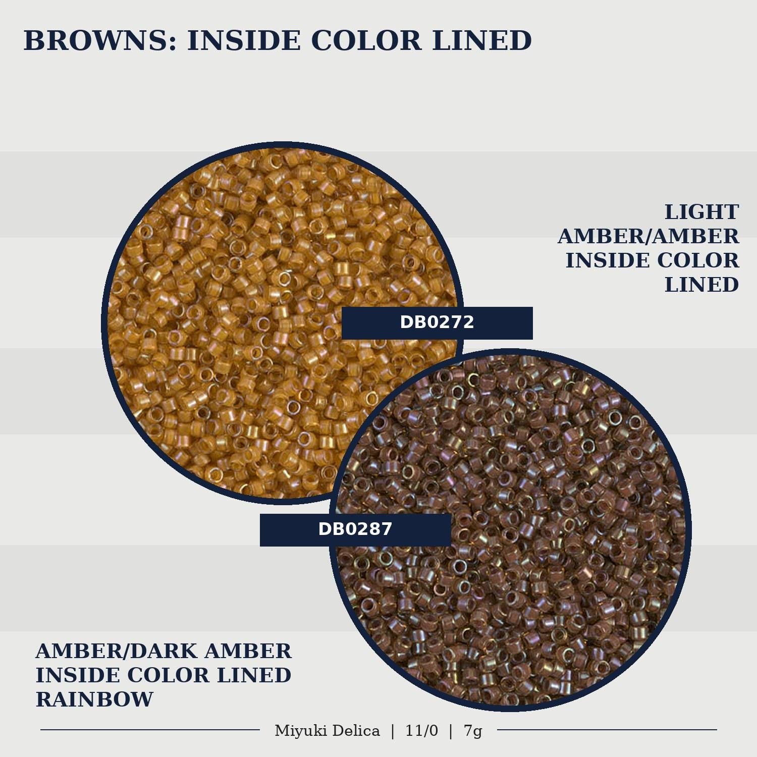 two different types of beads, one brown and one light amber, both inside color lined. The brown bead is labeled as "Amber/Dark Amber Inside Color Lined Rainbow" and the light amber bead is labeled as "Light Amber/Amber Inside Color Lined Rainbow".