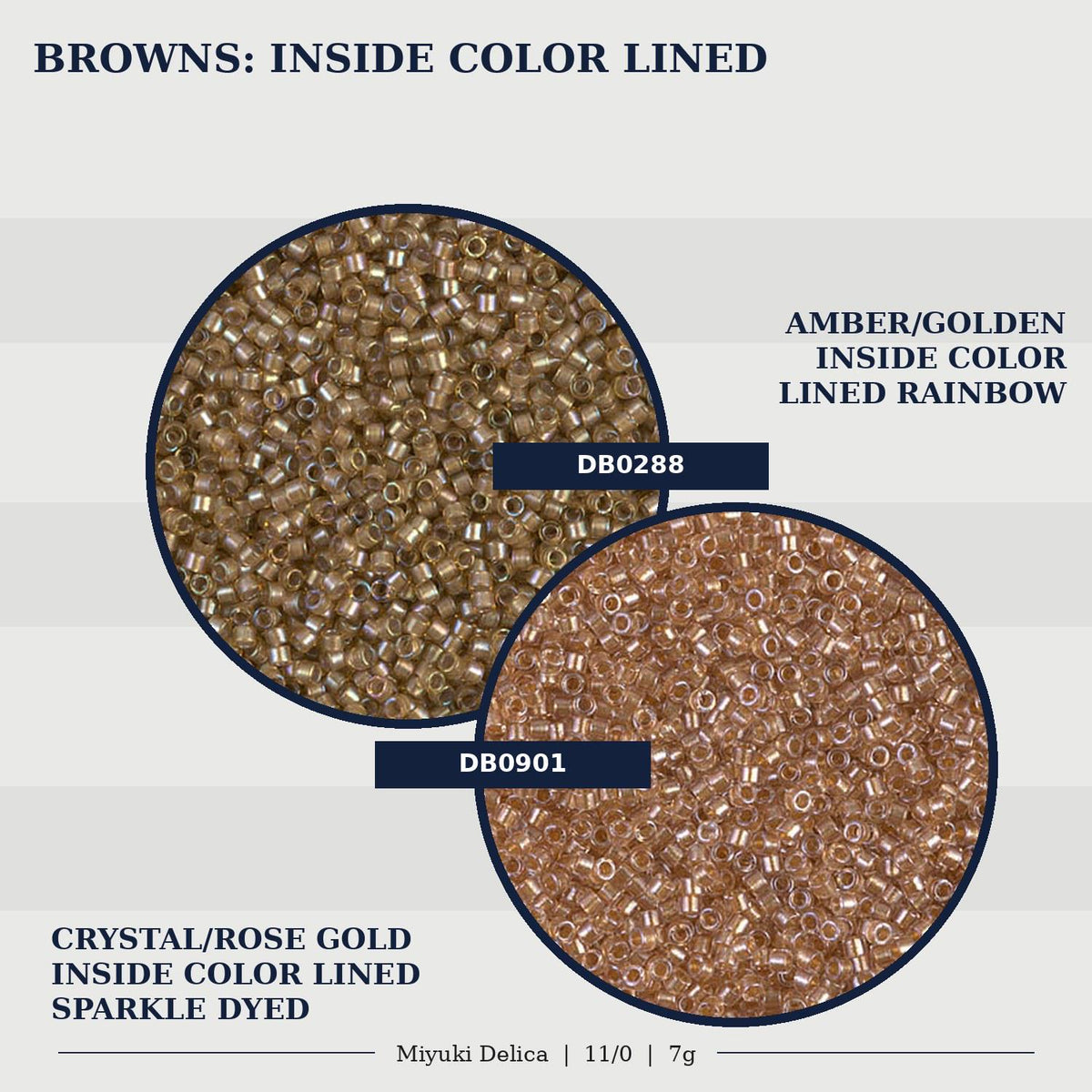two different types of beads, one with a brown color and the other with a gold color, both inside color lined rainbow. The beads are labeled as "Amber/Golden Inside Color Lined Rainbow" and "Crystal/Rose Gold Inside Color Lined Sparkle Dye".