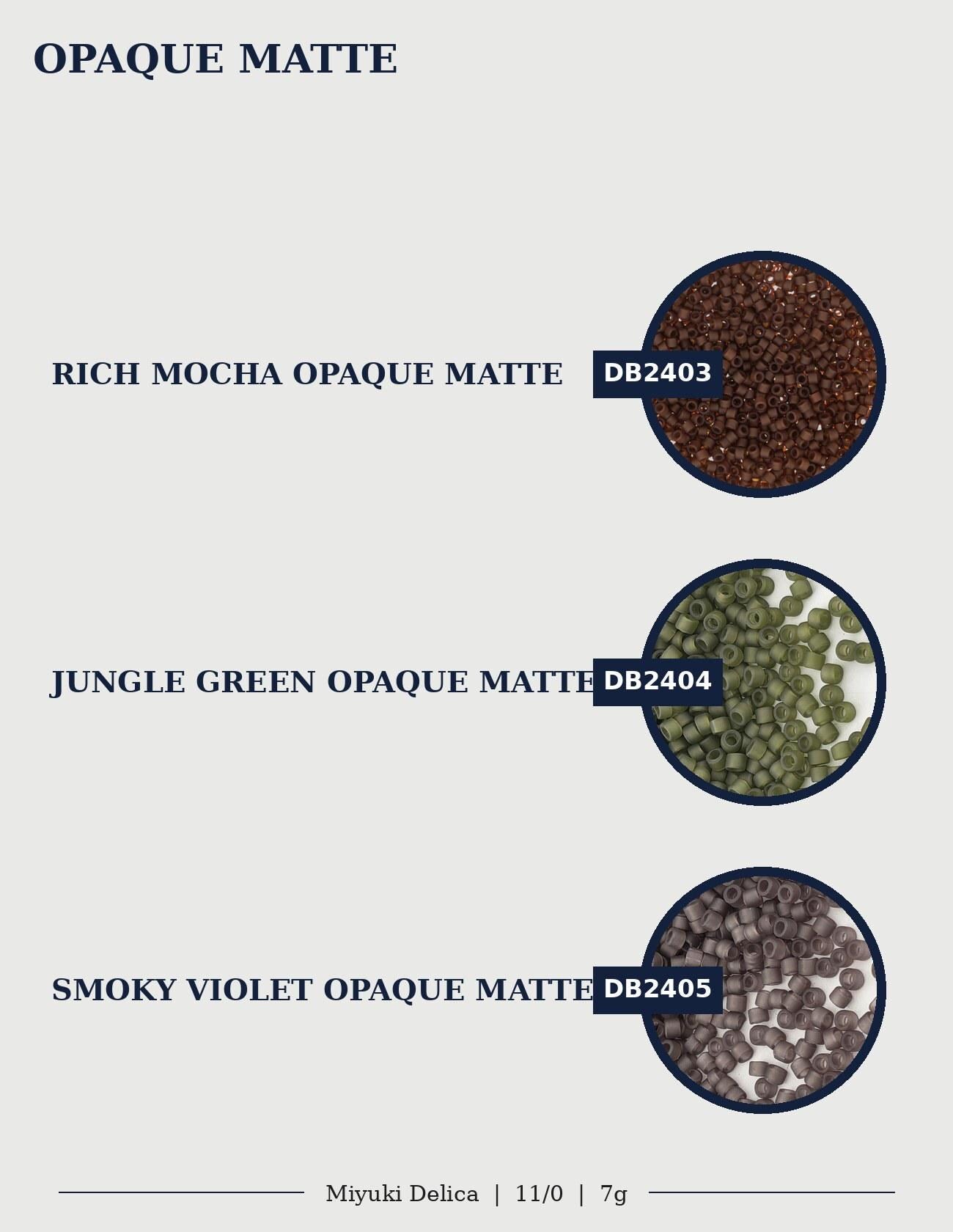three different types of opaque matte, each with a distinct color and texture. The first type is rich mocha, the second is jungle green, and the third is smoky violet.