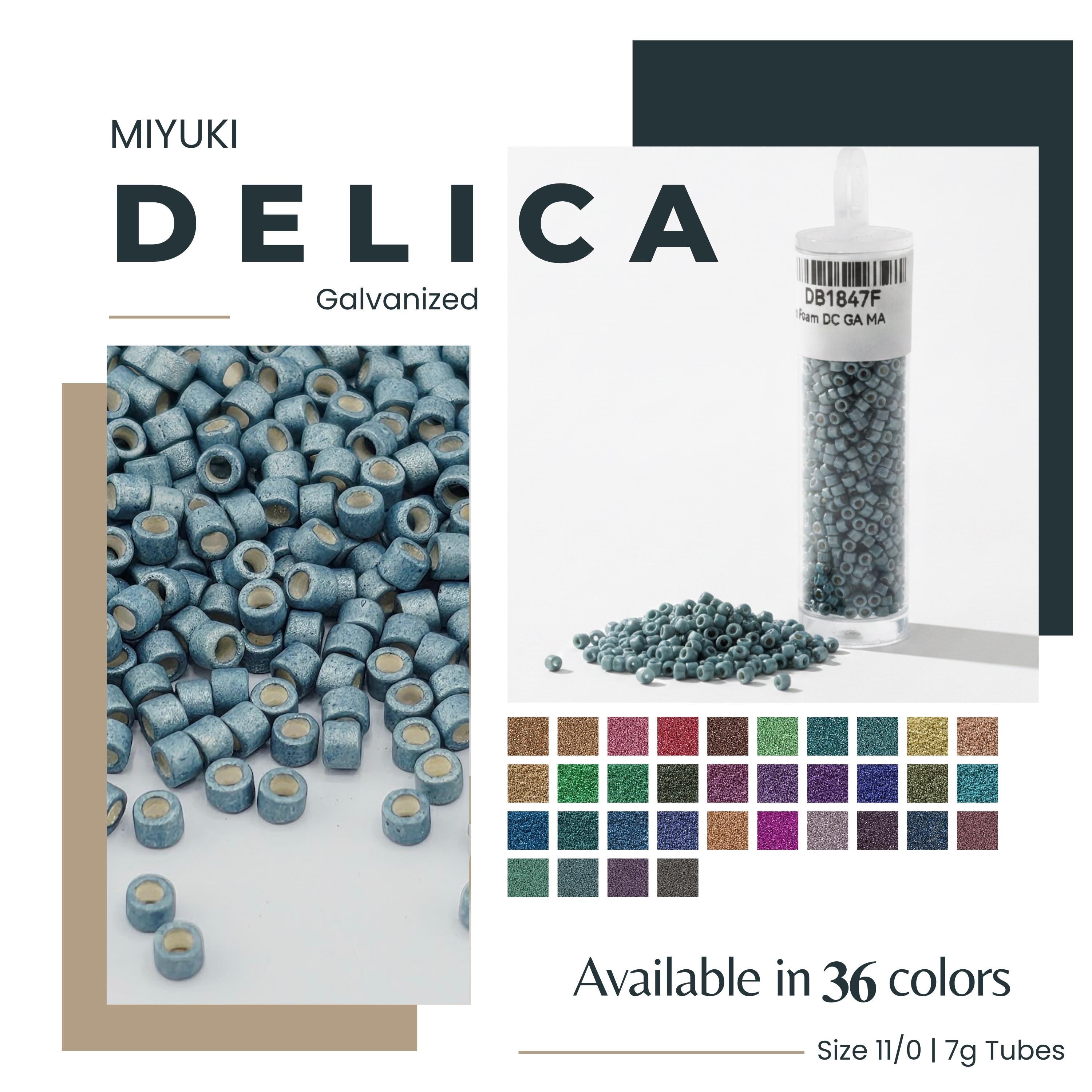 The image is an advertisement for Miyuki Delica beads, which are available in 36 different colors. The ad showcases the beads in various sizes, including 11/0 and 17g tubes. The image also features a close-up of the beads and a color swatch, providing a visual representation of the available colors.