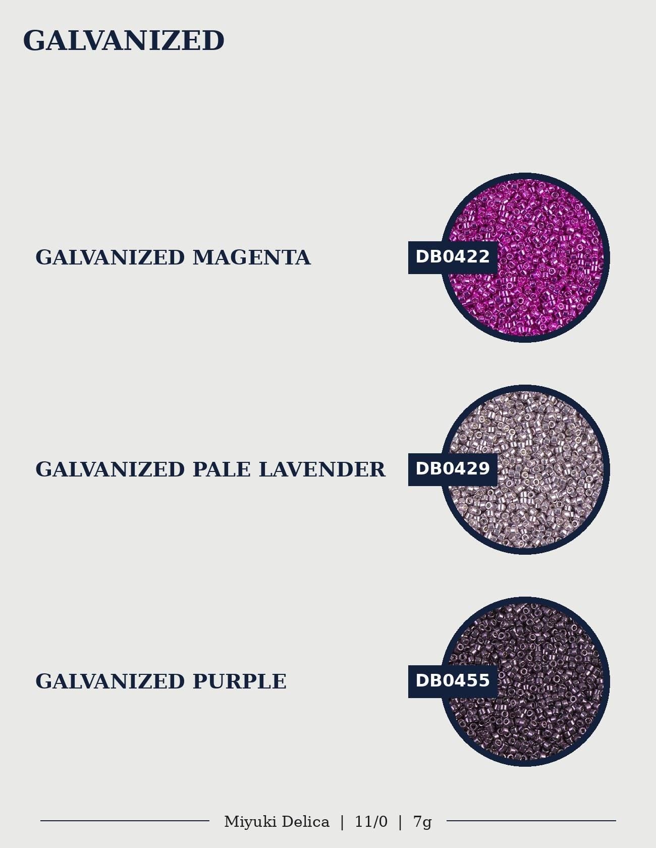 three different color samples of a material, each with a unique color and size. The colors are Galvanized Magenta, Galvanized Pale Lavender, and Galvanized Purple. The sizes of the samples are also different, with the largest sample being the Purple and the smallest being the Magenta.