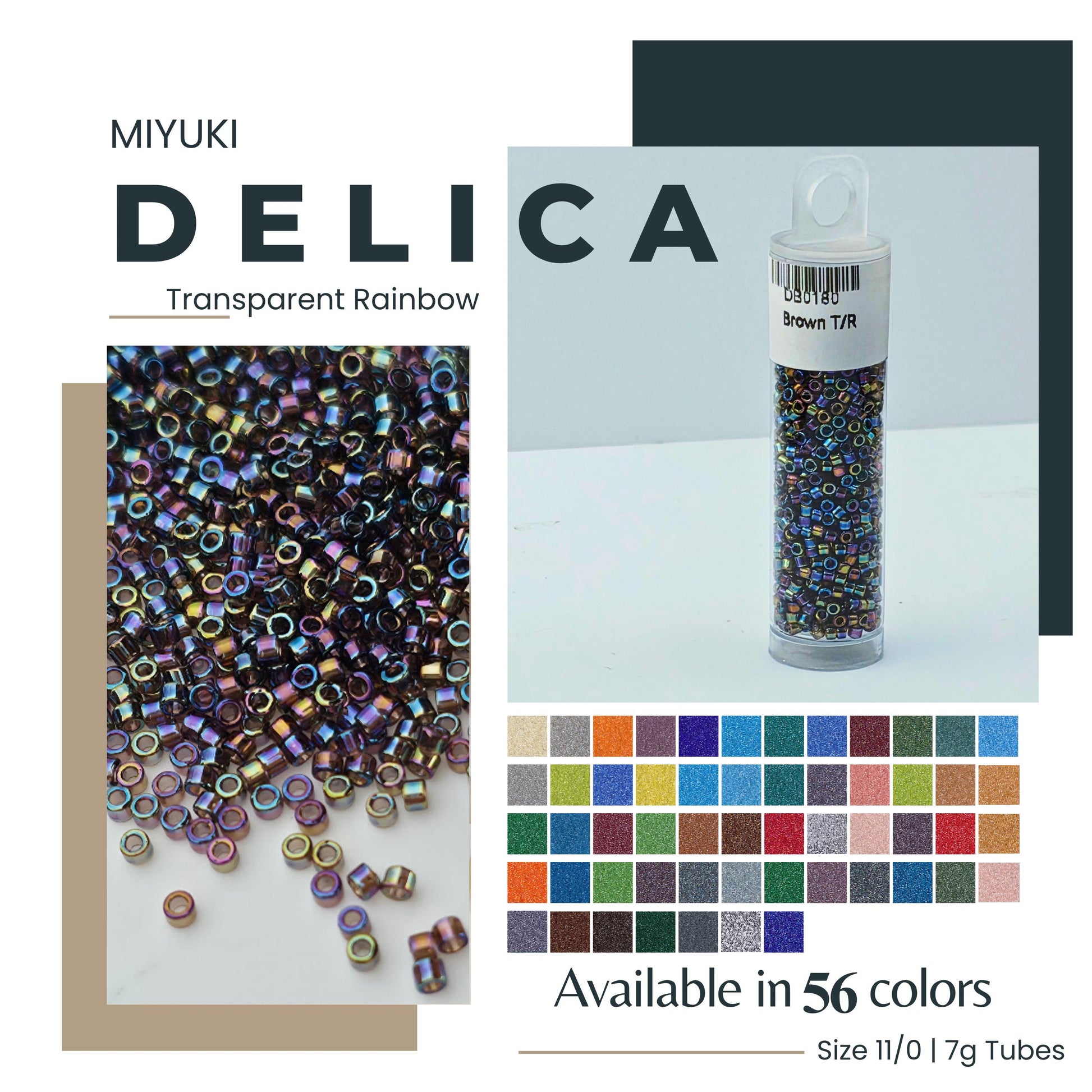 The image is a collage featuring a transparent rainbow-colored bead container, a close-up of the beads, and a color palette of available beads in 56 colors.