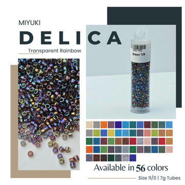 The image is a collage featuring a transparent rainbow-colored bead container, a close-up of the beads, and a color palette of available beads in 56 colors.