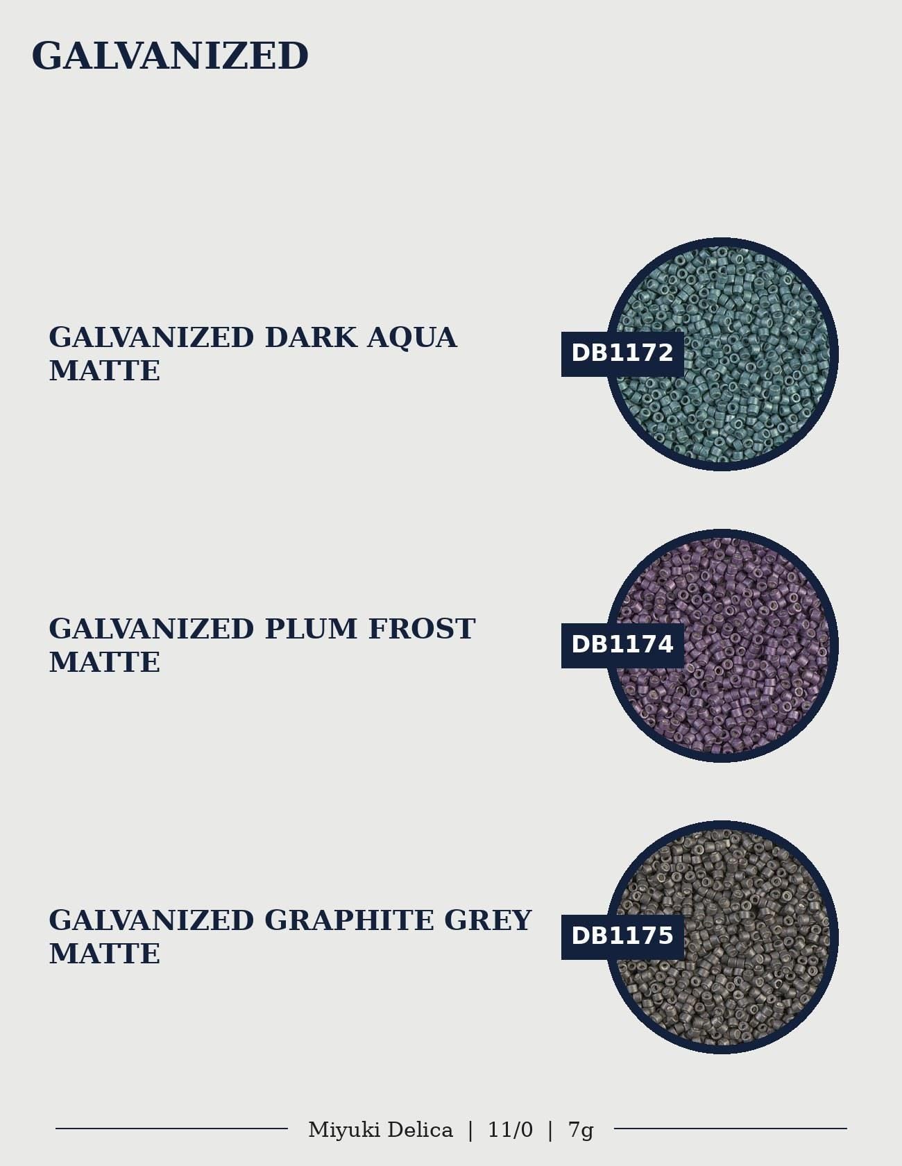 three different types of materials, each with a distinct color and texture: Galvanized Dark Aqua Matte, Galvanized Plum Frost Matte, and Galvanized Graphite Grey.