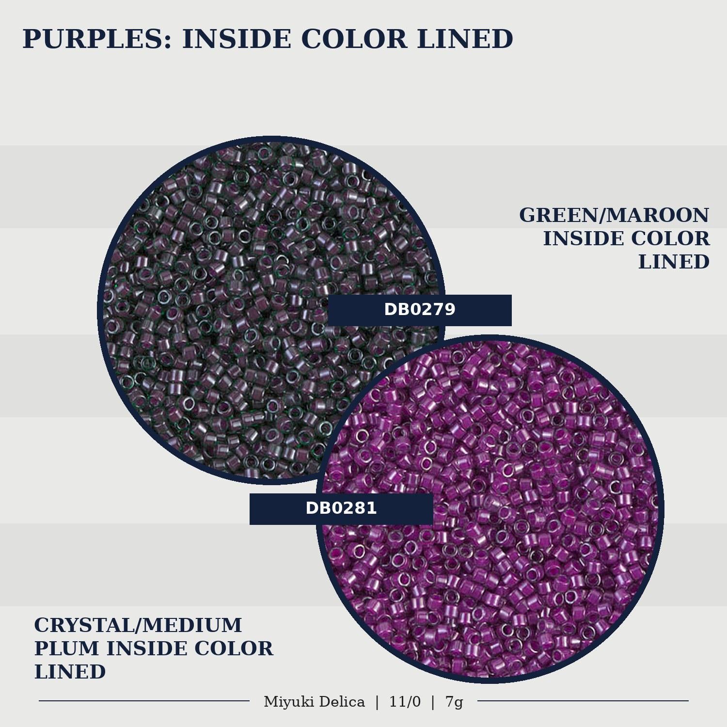 two different colored beads, one purple and one black, both inside a circular frame. The purple bead is labeled as "CRYSTAL/MEDIUM PLUM INSIDE COLOR LINED" and the black bead is labeled as "GREEN/MAROON INSIDE COLOR LINED".