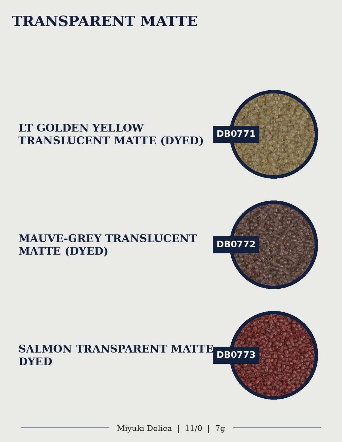 three different colored transparent matte samples: golden yellow, mauve-grey, and salmon.