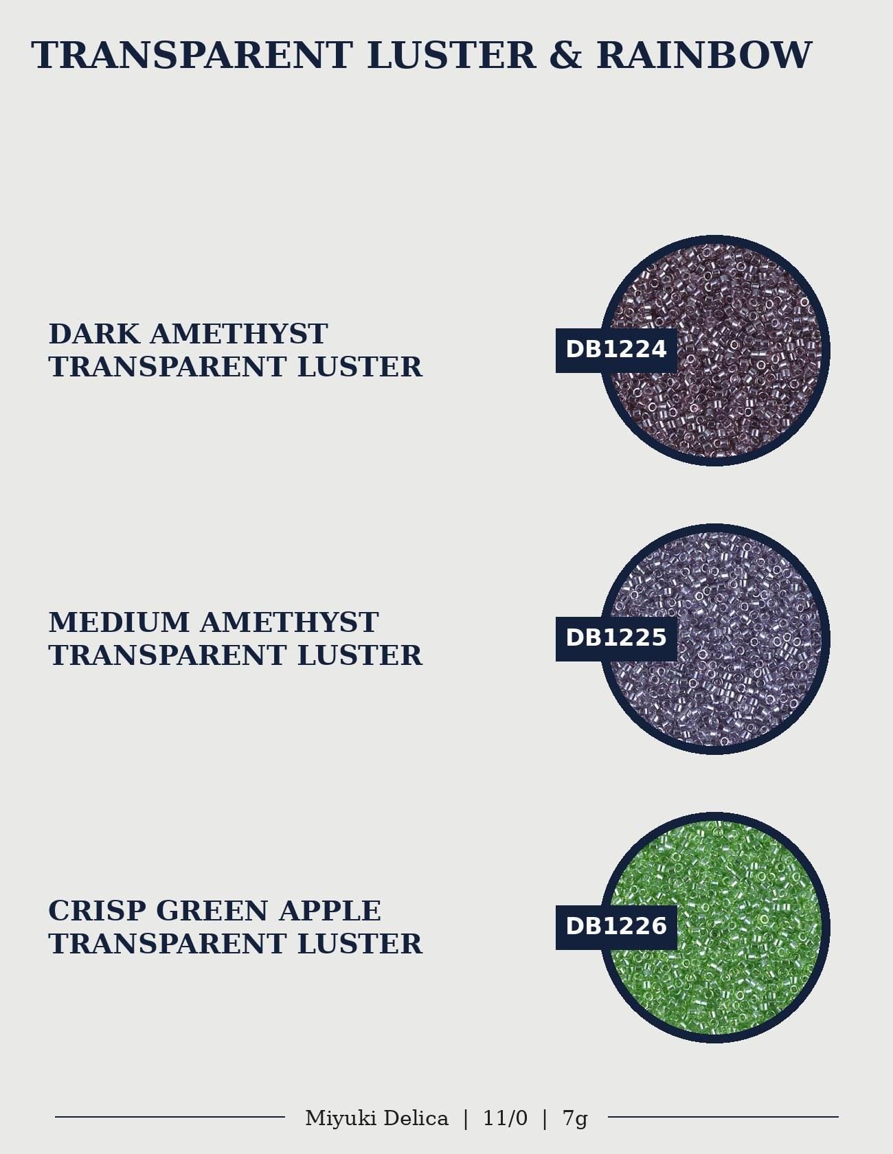 three circular images, each with a different color of transparent glitter. The first image is dark purple, the second is medium purple, and the third is green.