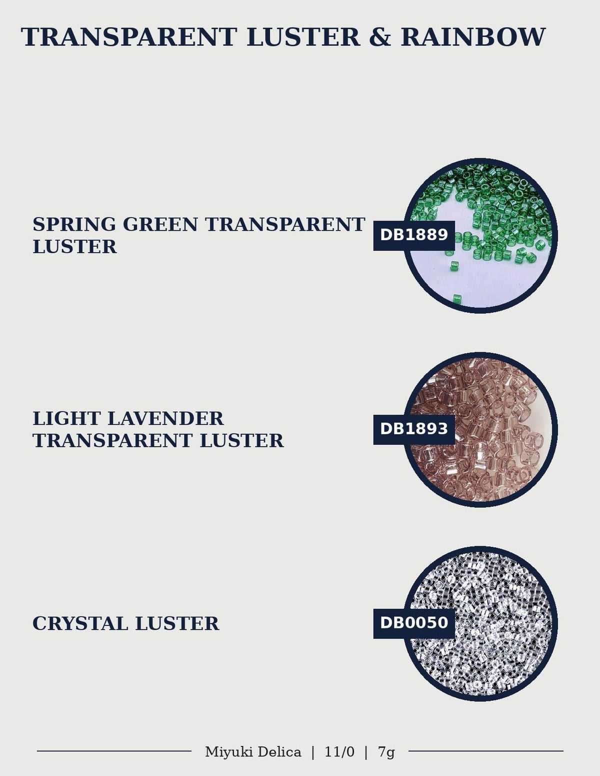 three different transparent luster materials: Spring Green Transparent Luster, Light Lavender Transparent Luster, and Crystal Luster.