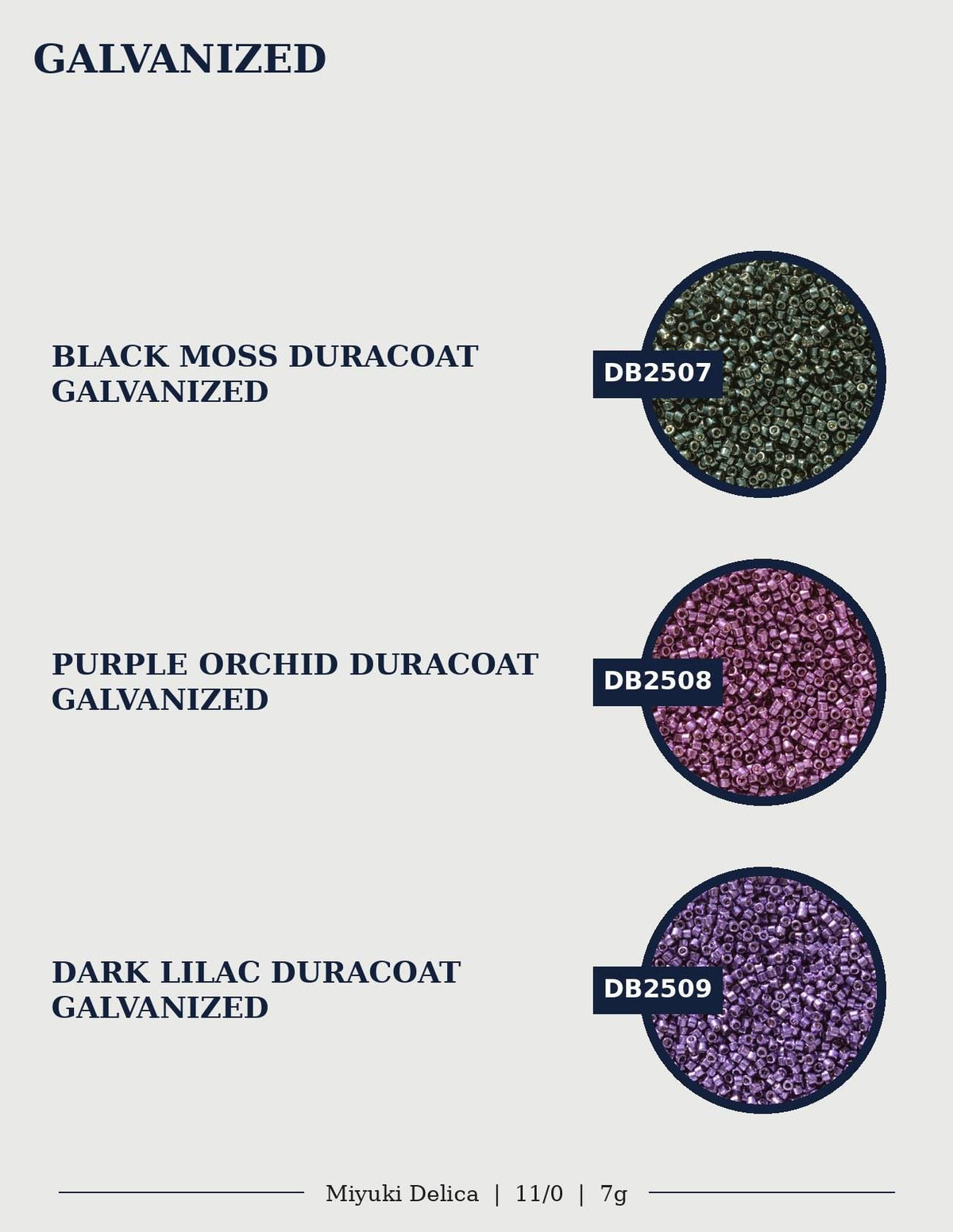 three different types of Galvanized materials: Black Moss Duracoat, Purple Orchid Duracoat, and Dark Lilac Duracoat. Each material is described in detail, including the color and size of the Galvanized material.