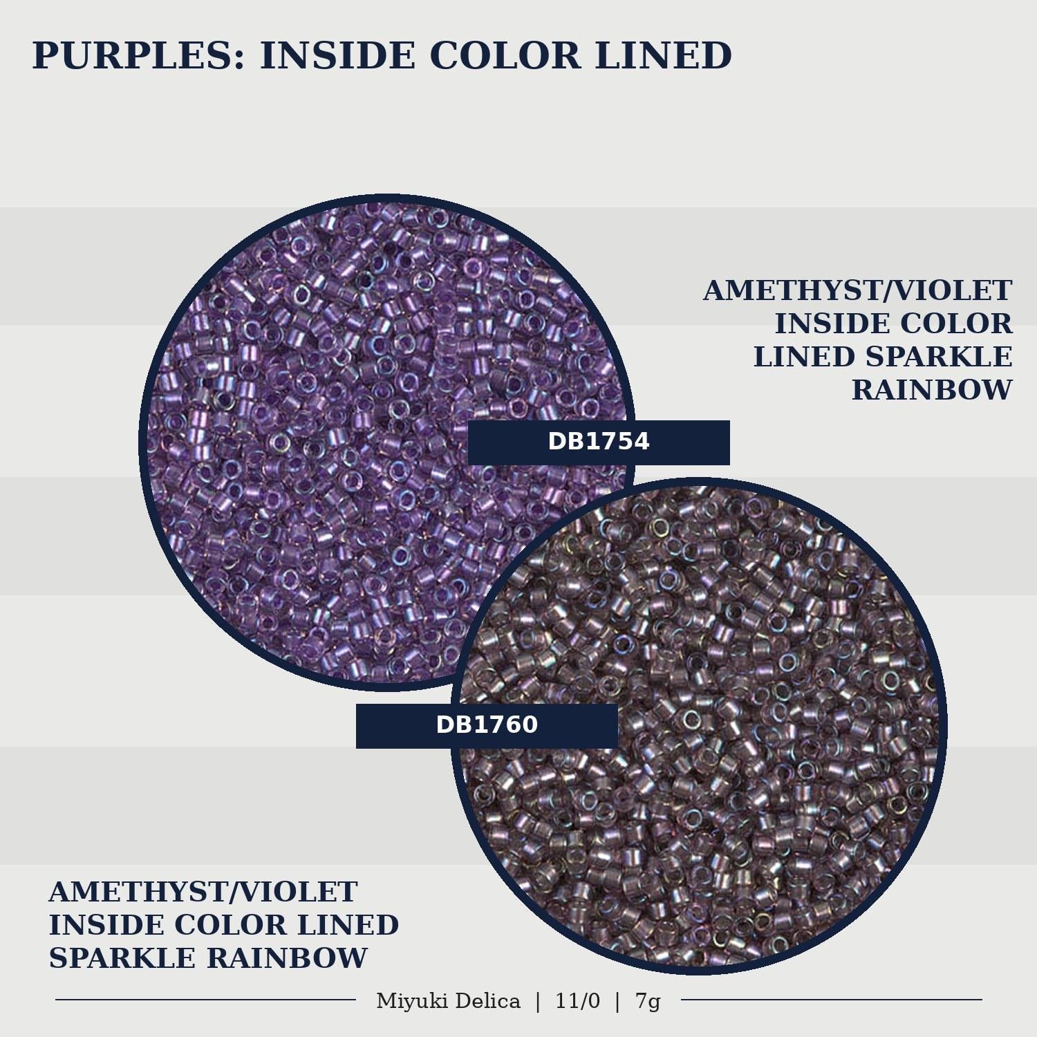 two different types of beads, one purple and one brown, both with a rainbow-like color. The purple beads are labeled as "Amethyst/Violet" and "Inside Color Lined Sparkle Rainbow", while the brown beads are labeled as "Amethyst/Violet" and "Inside Color Lined Sparkle Rainbow".