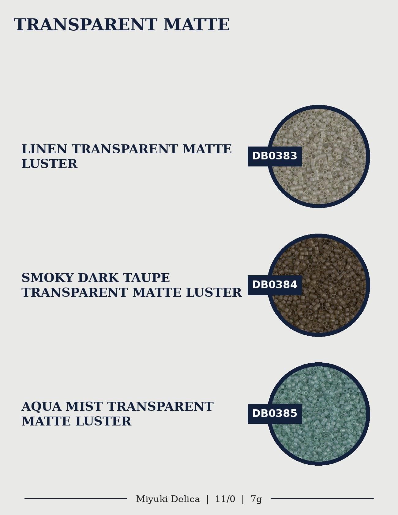 three different colored transparent matte luster samples, each with a distinct color and texture.