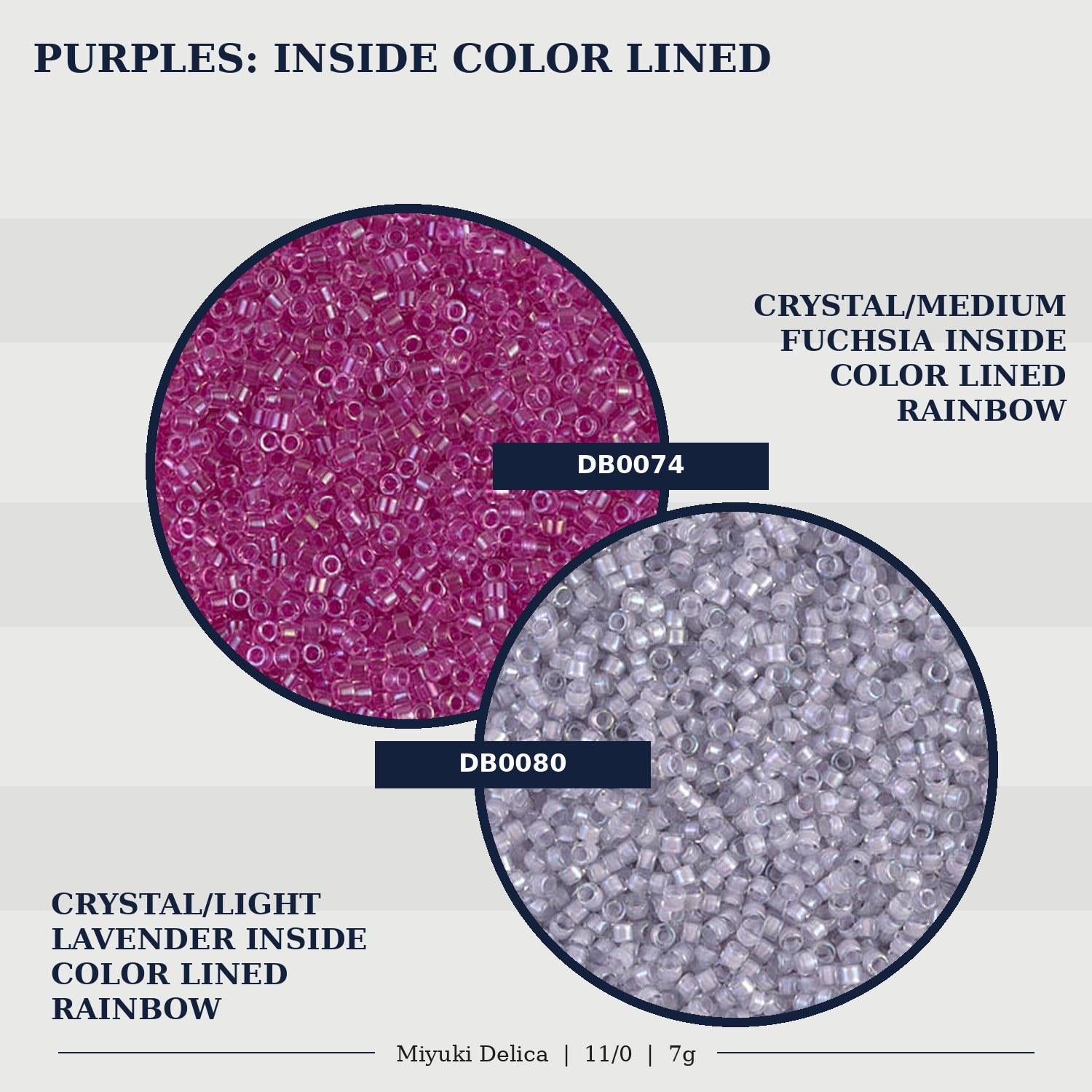 two different types of beads, one with a purple color and the other with a gray color, both labeled as "Inside Color Lined" beads.