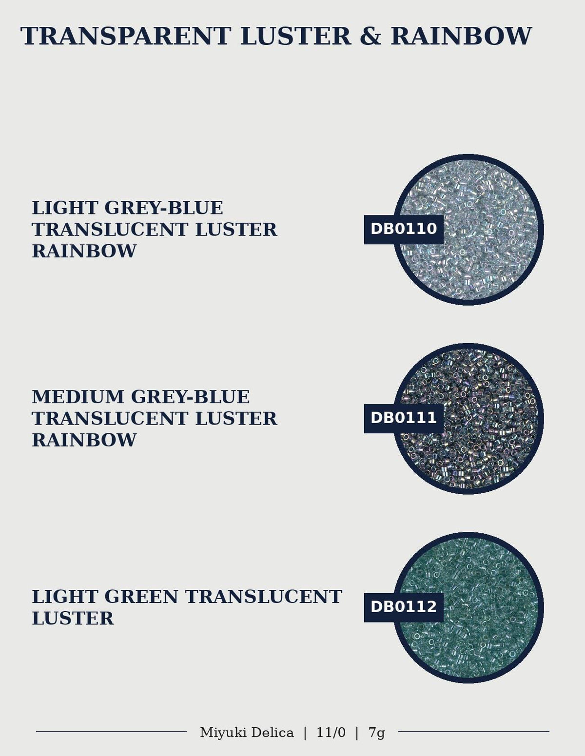 The image is a collage of three images depicting different shades of grey-blue translucent luster rainbow colors: light grey-blue, medium grey-blue, and light green-translucent luster rainbow.