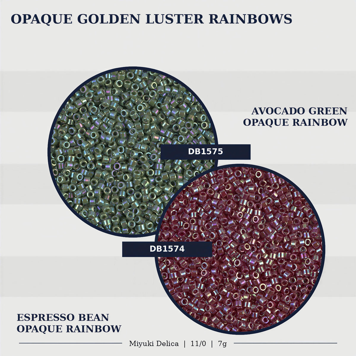 two circular arrangements of colored beads, one green and one red, with text indicating the color and type of beads.