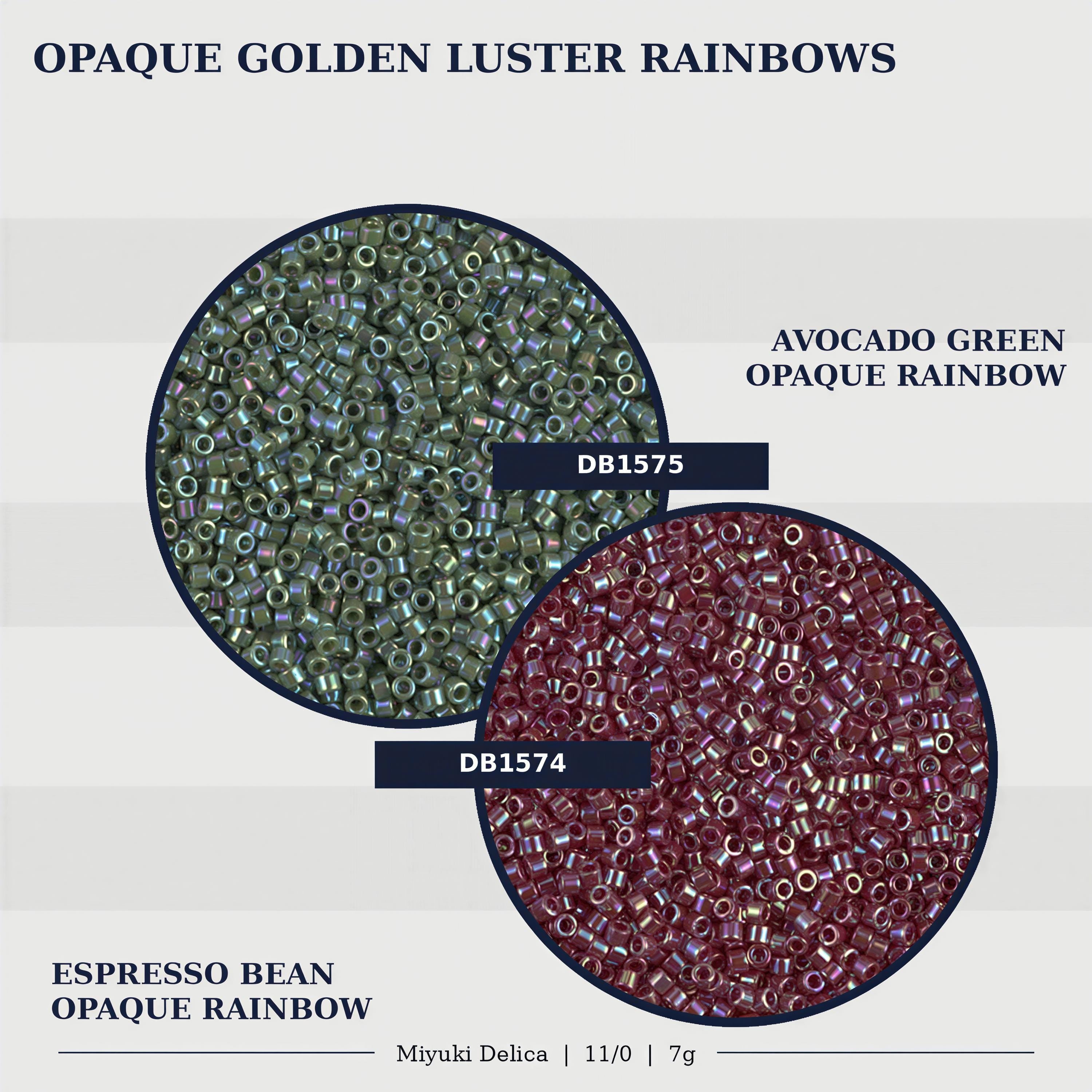 two circular arrangements of colored beads, one green and one red, with text indicating the color and type of beads.