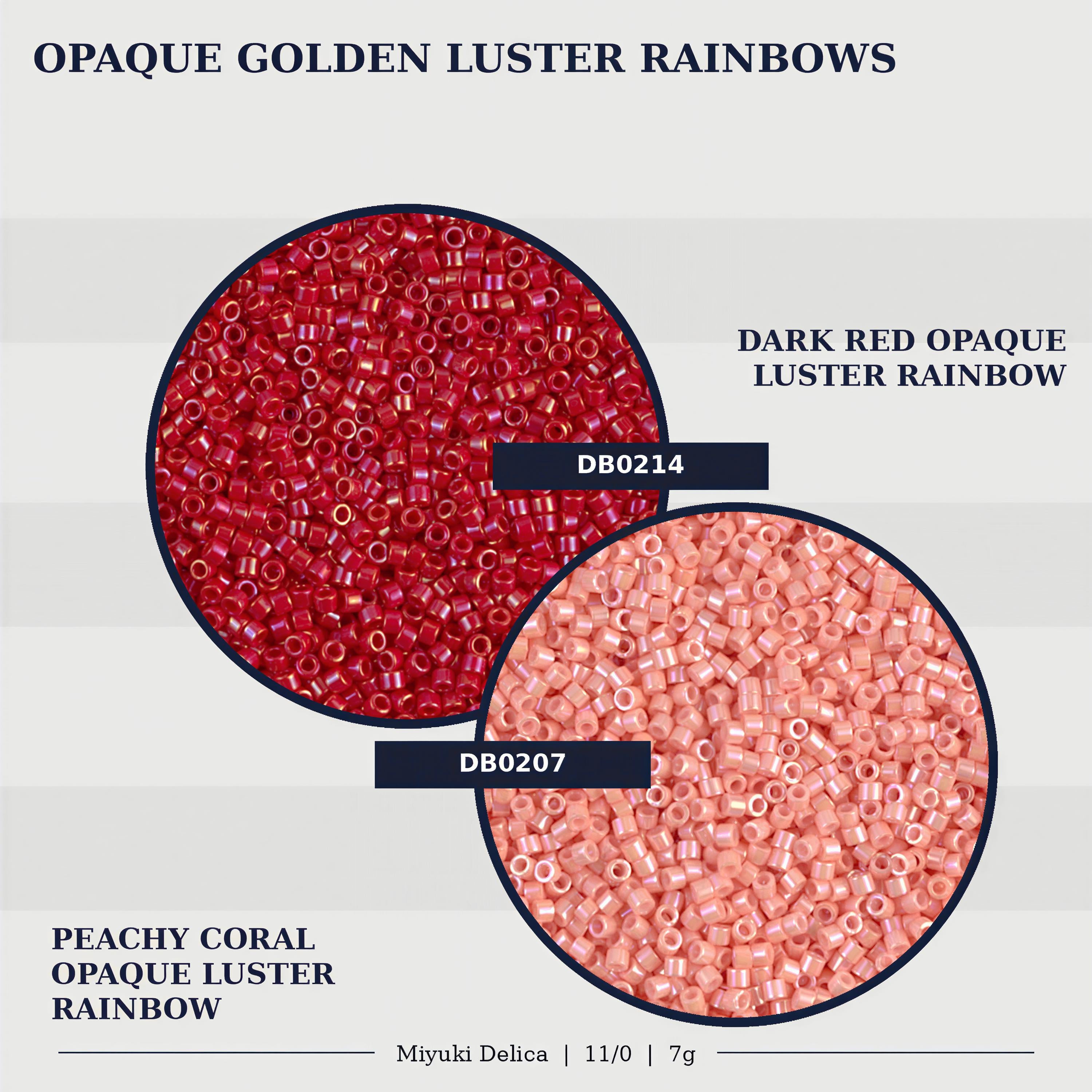 two circular arrangements of colored beads, one with a dark red color and the other with a peach color. The text above the images reads "OPAQUE GOLDEN LUSTER RAINBOWS" and below the images, the text reads "DARK RED OPaque LUSTER RAINBOW" and "PEACHY CORAL OPaque Luster RAINBOW".
