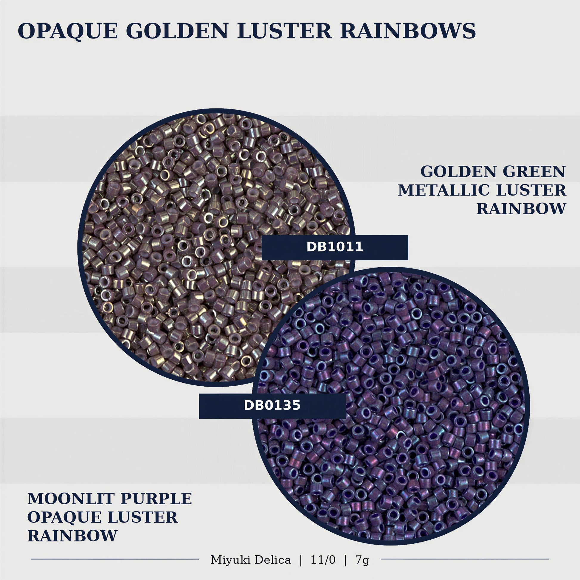 The image is a collage of two images, each depicting a different type of Opaque Golden Luster Rainbow. The first image shows a circular arrangement of Opaque Purple Opaque Luster Rainbow beads, while the second image shows a circular arrangement of Opaque Green Metallic Luster Rainbow beads.