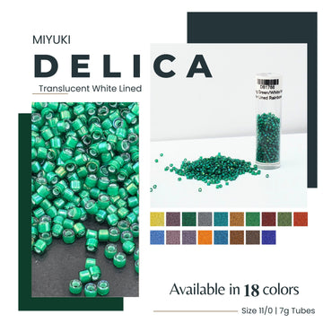 The image is an advertisement for Miyuki Delica beads, which are transparent white-lined beads available in 18 colors. The ad showcases the beads in various sizes, including 11/0/7g tubes.