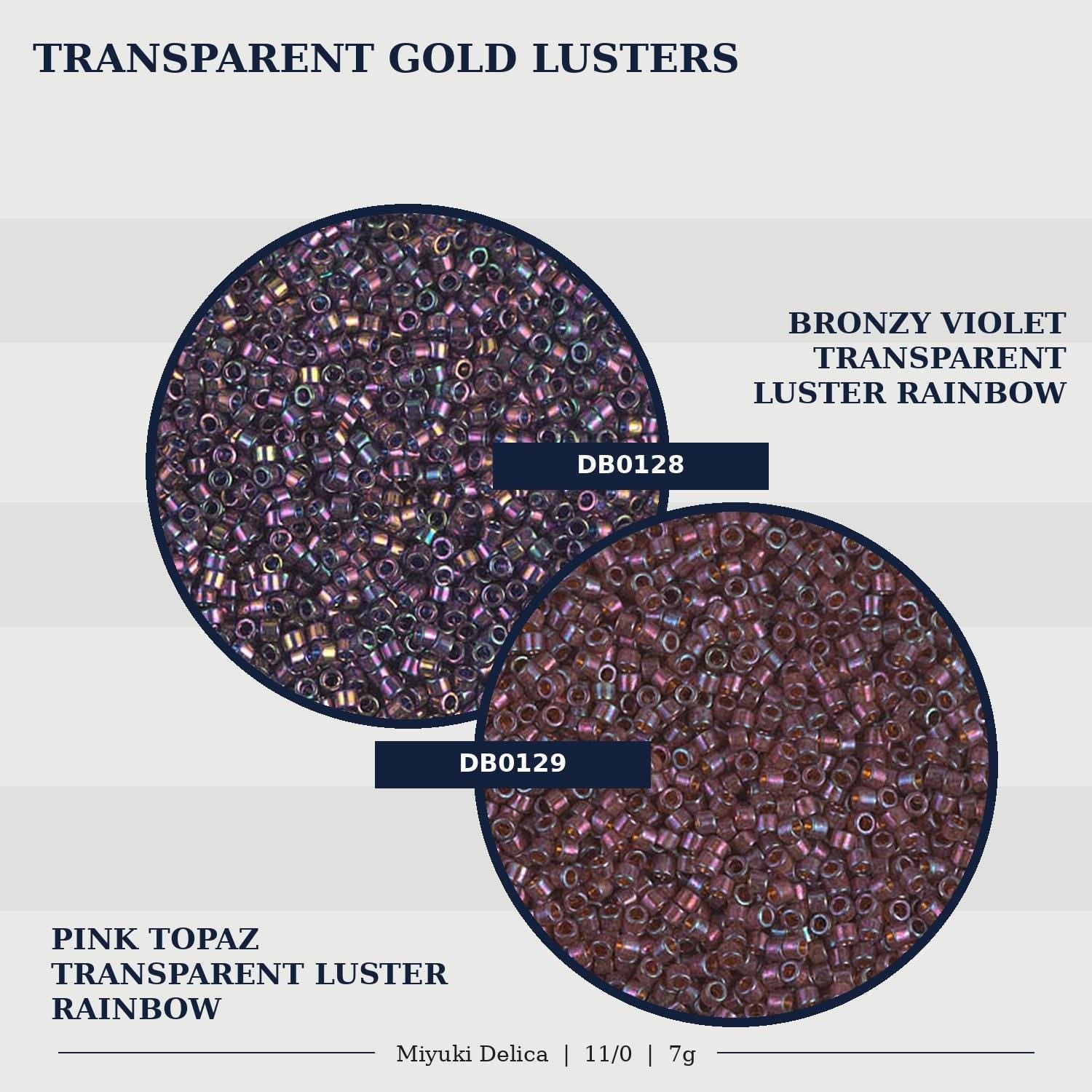 The image is a collage of two images, each depicting a different type of transparent gold luster. The first image shows a circular arrangement of small, multicolored beads, while the second image shows a circular arrangement of small, multicolored beads. The images are labeled with text that describes the type of transparent gold luster, such as "Bronzy Violet" and "Transparent Luster Rainbow".