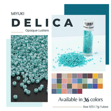 The image is an advertisement for Miyuki Delica Opaque Lusters, featuring a variety of teal-colored beads in different sizes and a bottle of the same color. The advertisement highlights that the beads are available in 36 colors and are available in 11/0/17g tubes.
