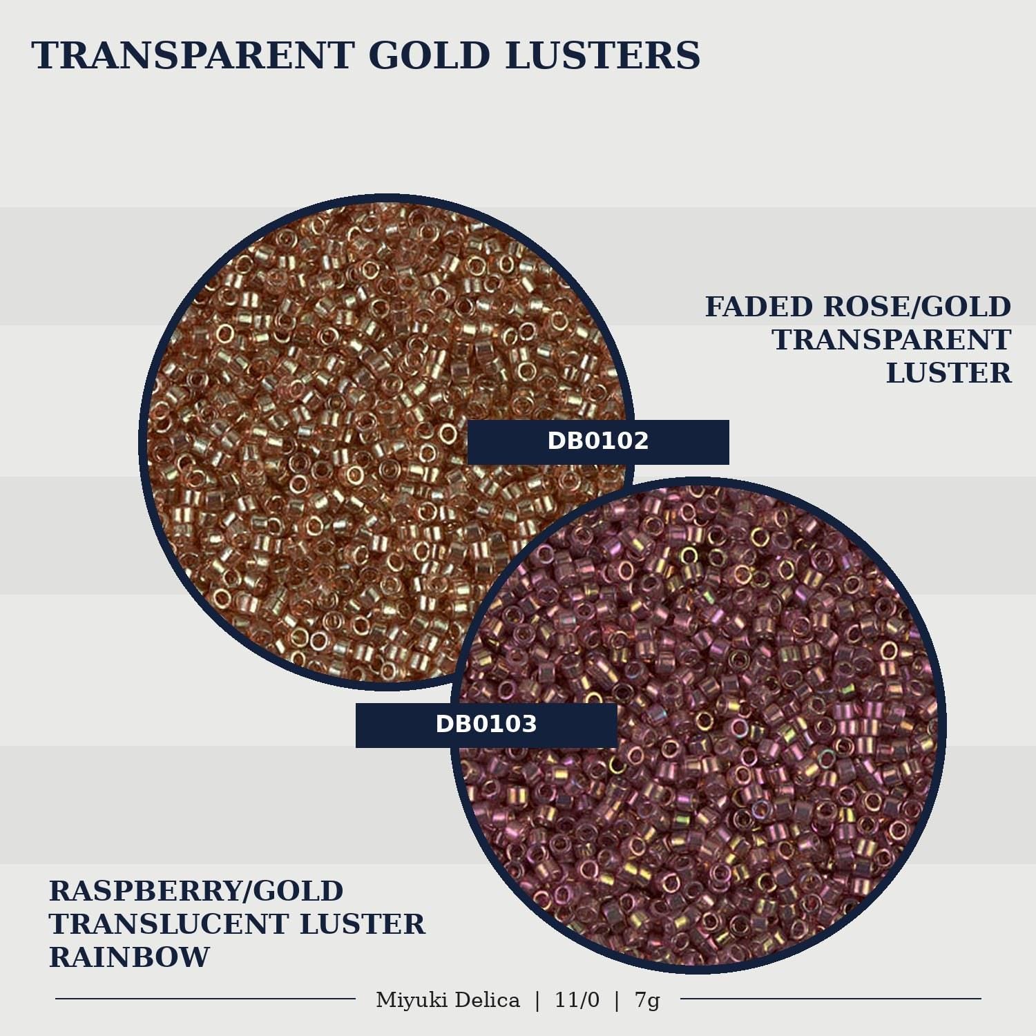 two circular images of transparent gold luster beads. The first image shows a faded rose/gold luster luster, and the second image shows a raspberry/gold transparent luster luster rainbow.