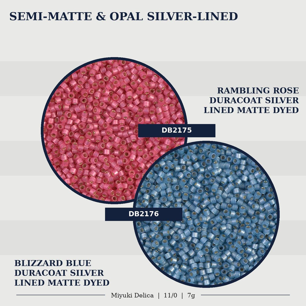 two circular arrangements of beads, one in red and one in blue, with text indicating the color and type of beads.