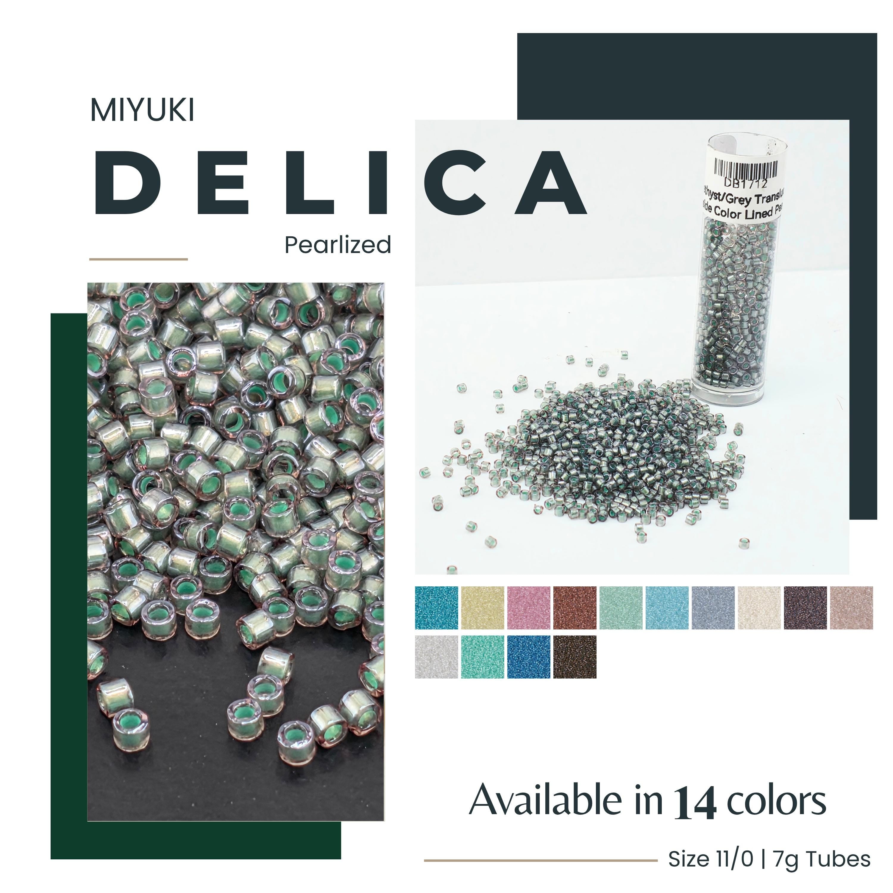 The image is a collage featuring a variety of pearlized beads in different colors, including a tube of the same color. The collage also includes a close-up of the beads and a color swatch of the available colors.