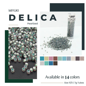 The image is a collage featuring a variety of pearlized beads in different colors, including a tube of the same color. The collage also includes a close-up of the beads and a color swatch of the available colors.