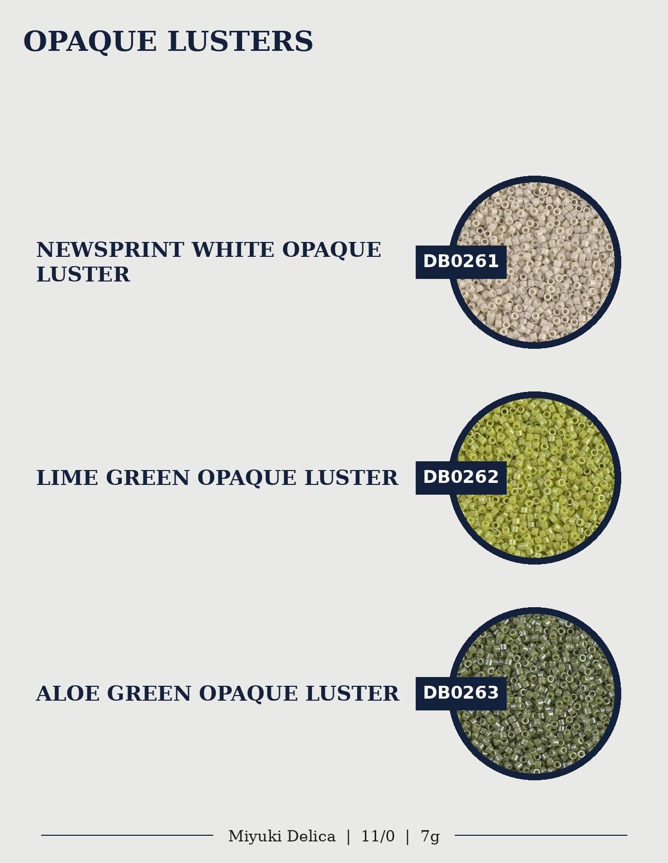 three different types of opaque luster beads, each with a distinct color: white, green, and yellow.