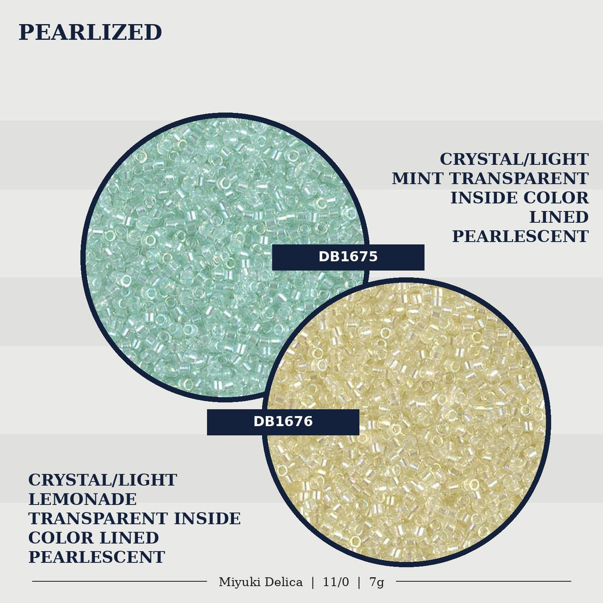 The image is a collage of two images, each containing a collection of small, transparent beads in different colors, including a crystal/light mint transparent bead and a pearllescent bead.