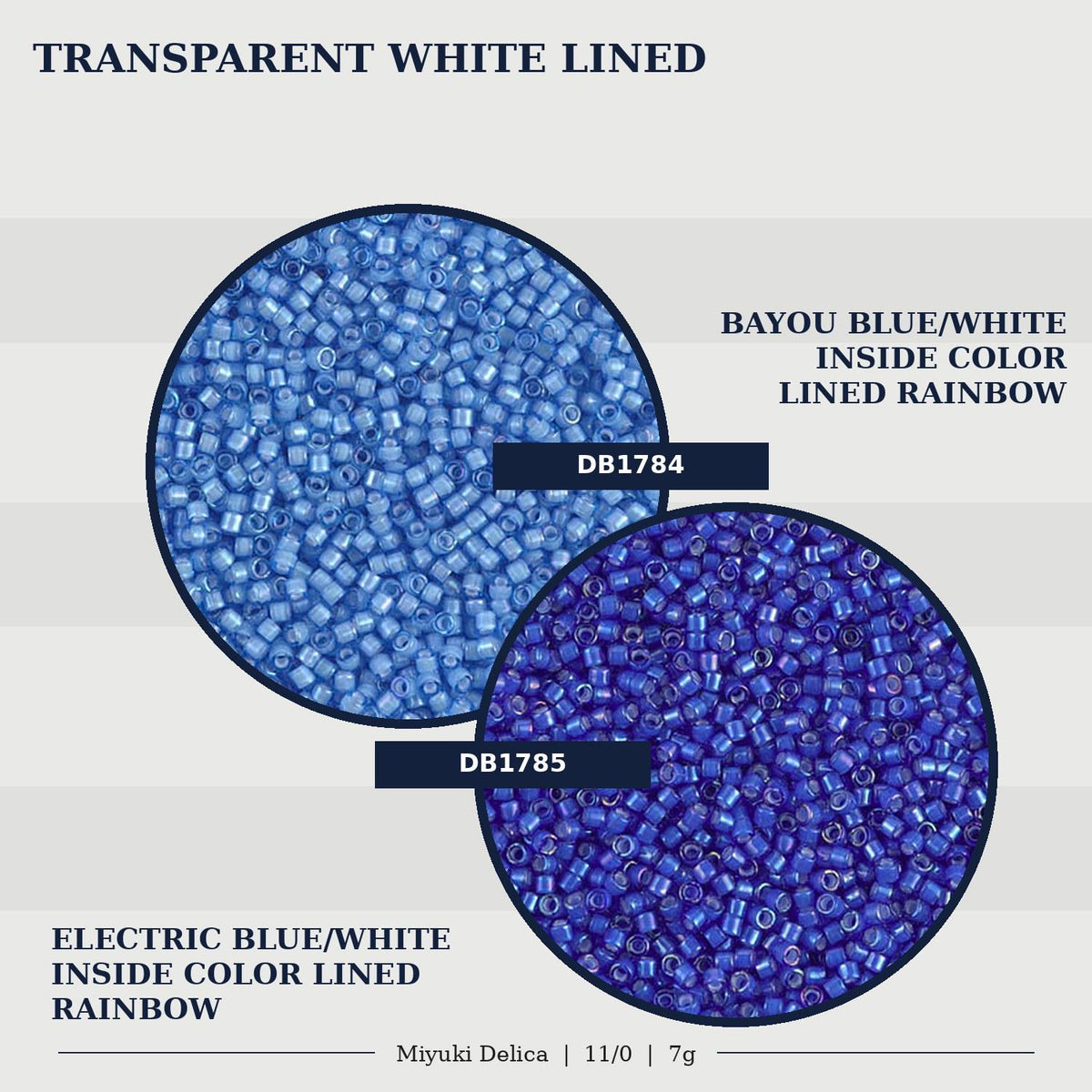 two different colored beads, one blue and one white, lined in a rainbow pattern. The text indicates that the beads are transparent white lined and electric blue/white inside color lined rainbow.