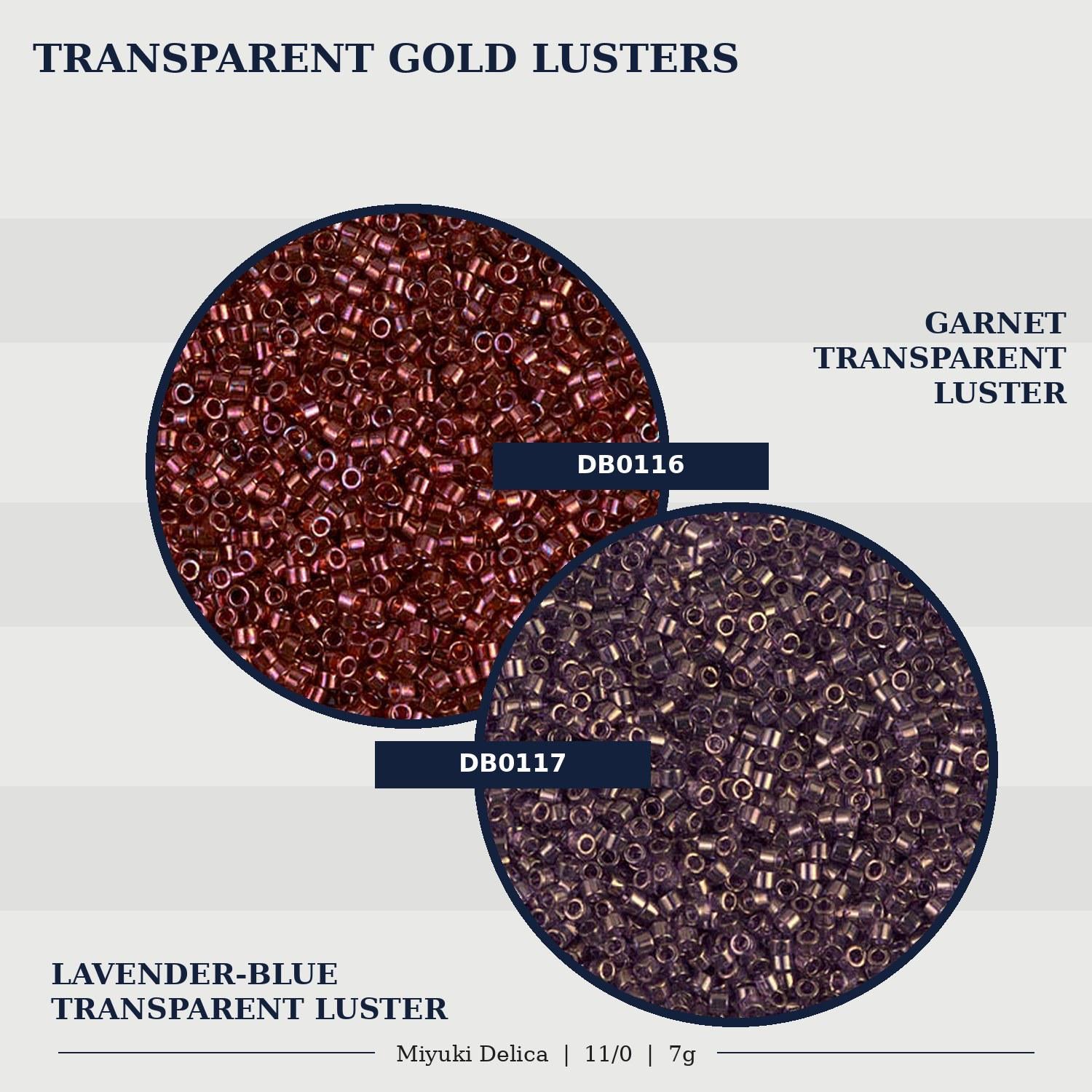 two circular images, each containing a different color of transparent gold luster beads. The image on the left is a clear glass bead, while the one on the right is a purple glass bead. The text above the images reads "TRANSPARENT GOLD LUSTERS" and below the images, it says "GARNET TRANSPARENT LUSTER" and "LAVENDER-BLUE TRANSPARENT LUSTER".