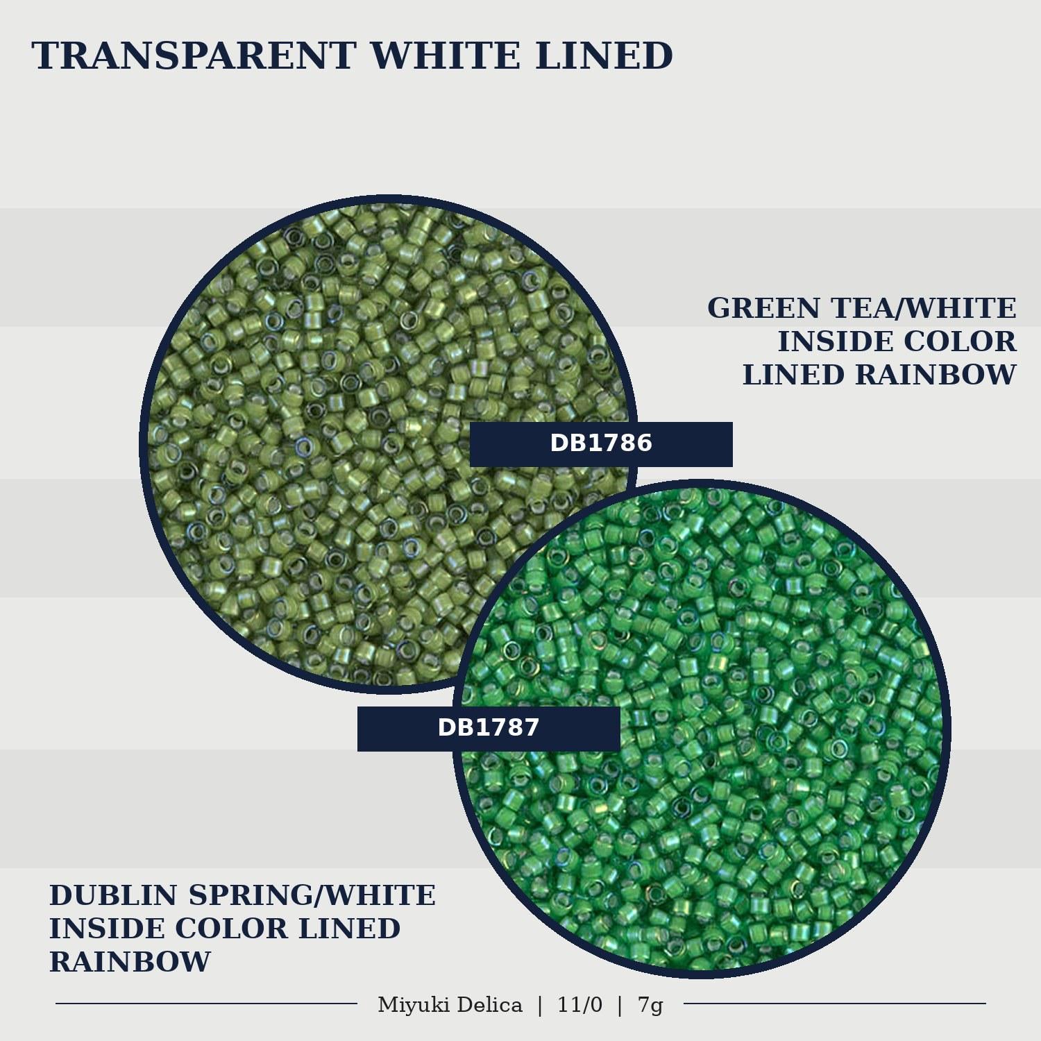 two different colored beads, one green and one white, both inside a lined rainbow. The green bead is labeled as Dublin Spring/White inside color lined rainbow, while the white bead is labeled as Dublin White inside color lined rainbow.