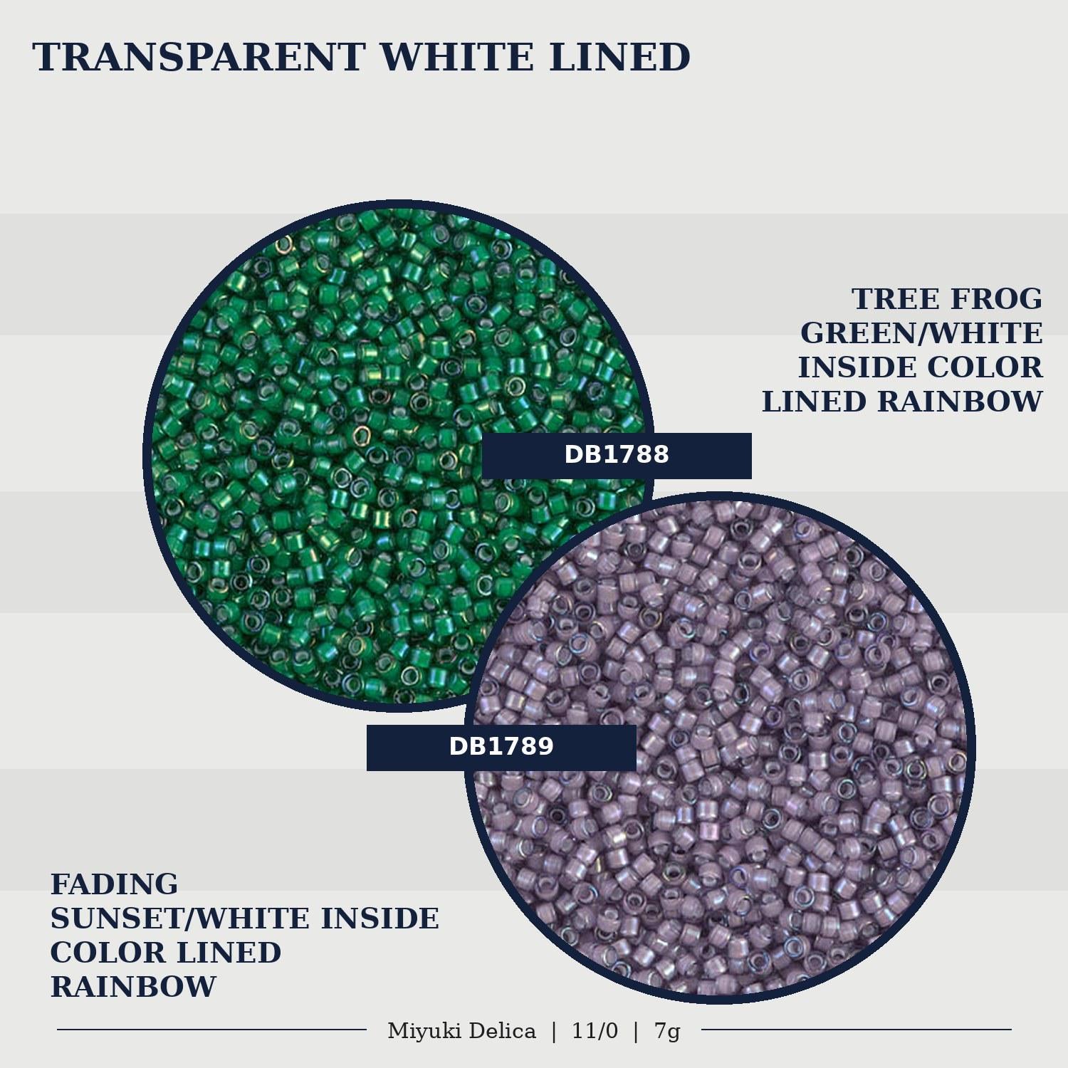 two circular arrangements of beads, one in green and one in purple, with text indicating the color and type of beads.