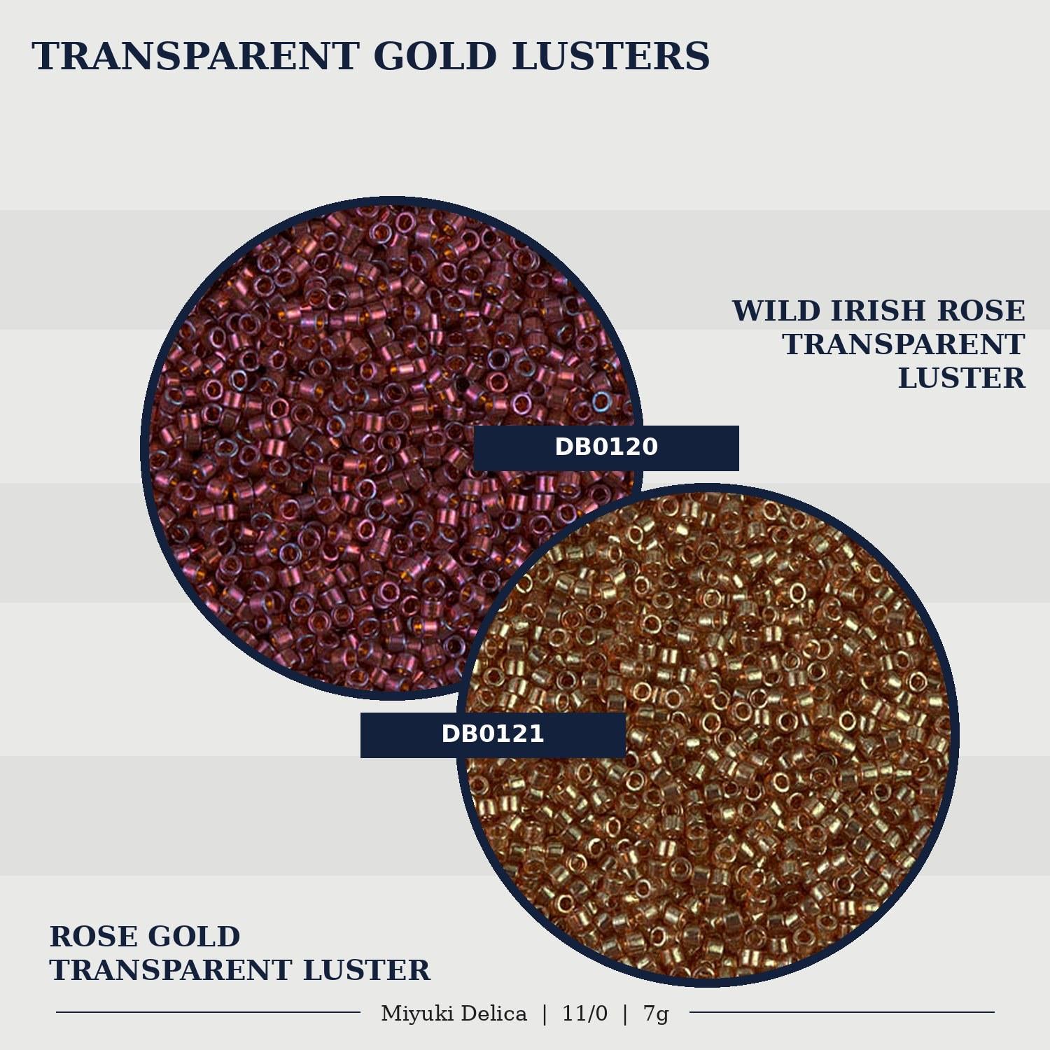 two circular arrangements of transparent gold luster beads, one in a rich red color and the other in a warm brown color.