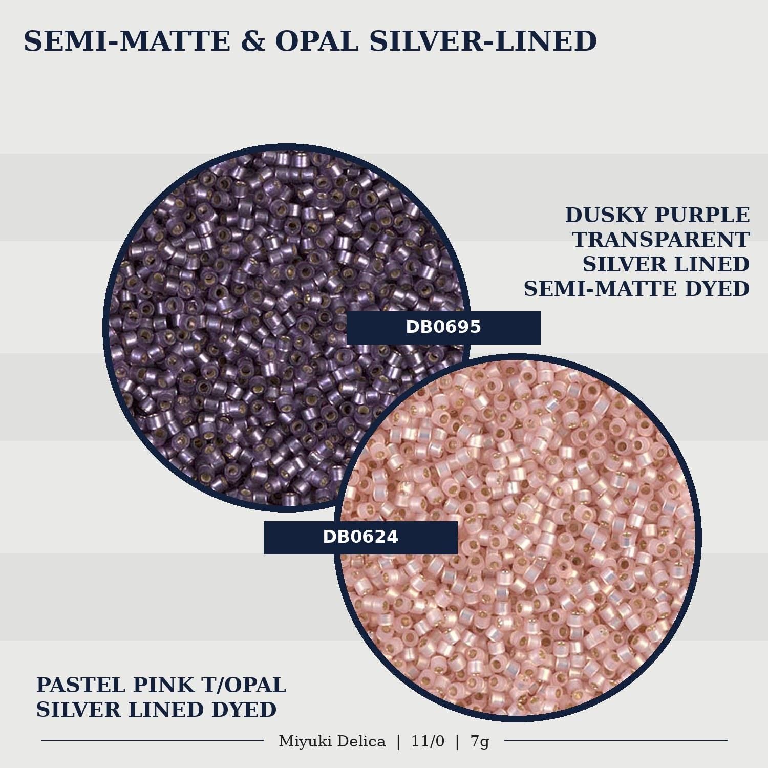 two different types of silver-lined beads, semi-matte and semi-matte dyed, with a focus on the color variations.