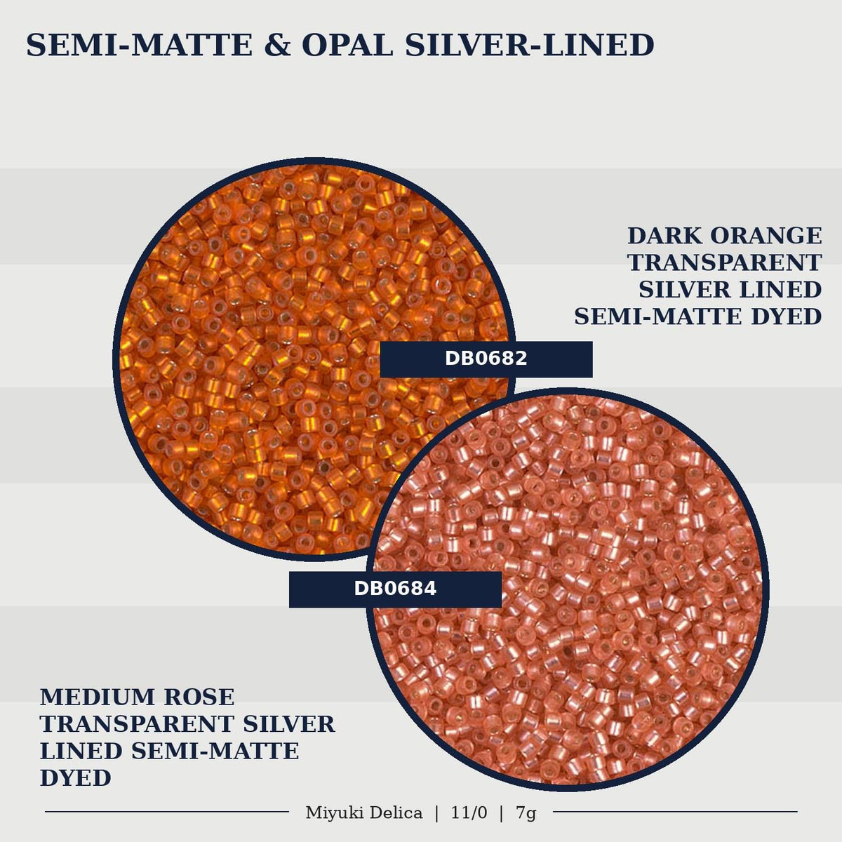 two circular arrangements of semi-matte and opal beads, with one arrangement being a dark orange transparent silver lined semi-matte dyed and the other being a medium rose semi-matte dyed.
