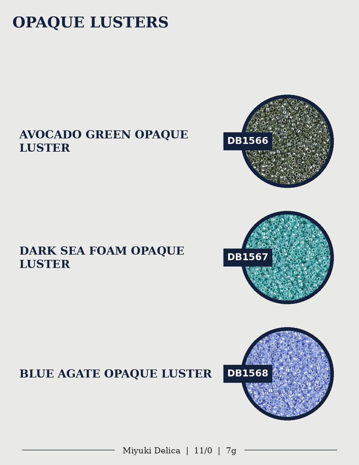 three different color samples of luster, each with a unique color and texture. The first sample is avocado green, the second is dark sea foam, and the third is blue agate. The text provides information about the color and texture of each luster sample.