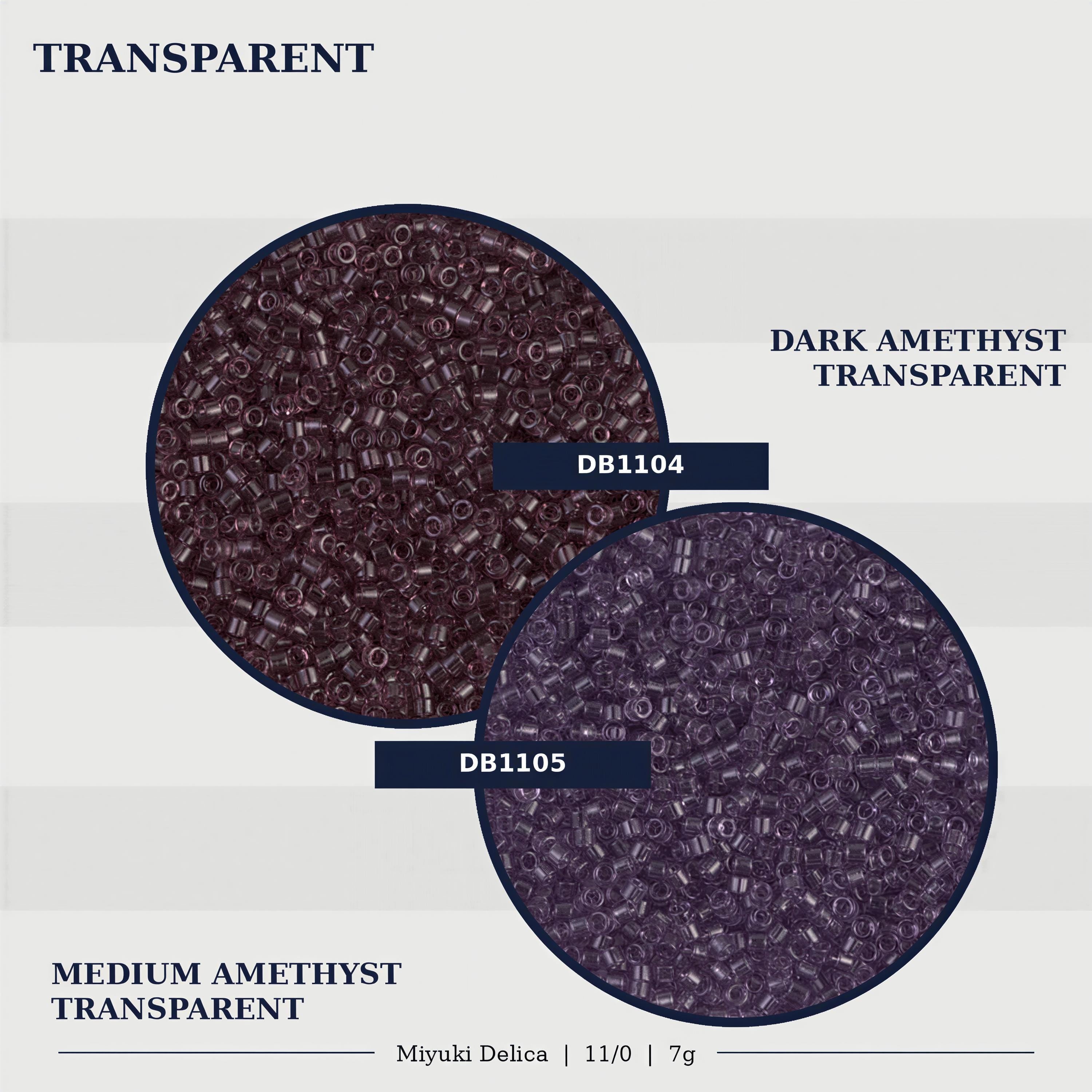 The image is a collage of two images, one showing a dark purple transparent material and the other showing a medium amethyst transparent material. The text in the image is limited to the words "TRANSPARENT", "DARK AMETHYST TRANSPARENT", "MEDIUM AMETHYST TRANSPARENT", and "Miyuki Delica | 11/0 | 7g".